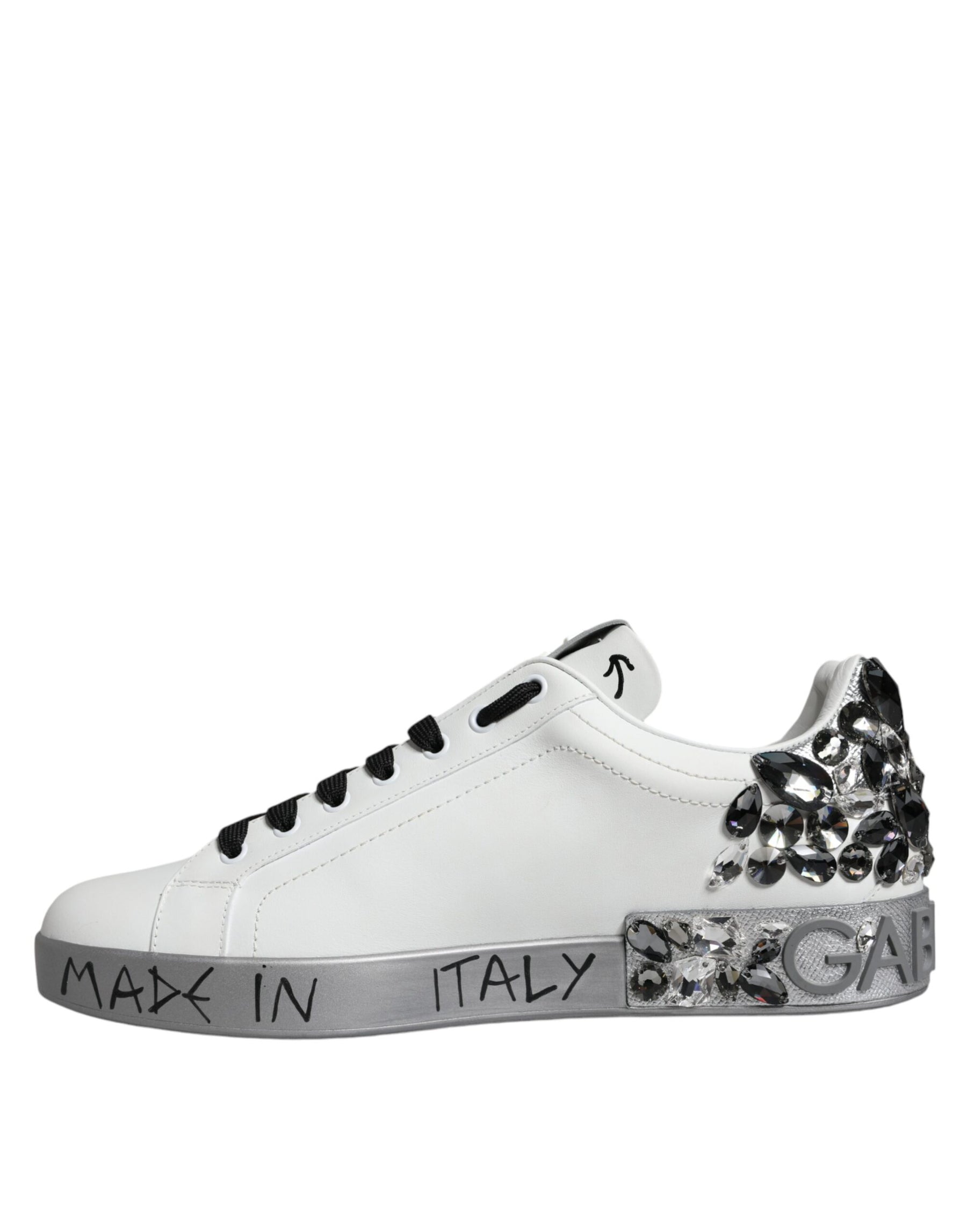 Dolce & Gabbana White Silver Crystal Logo Portofino Sneakers Shoes | Regal Royce