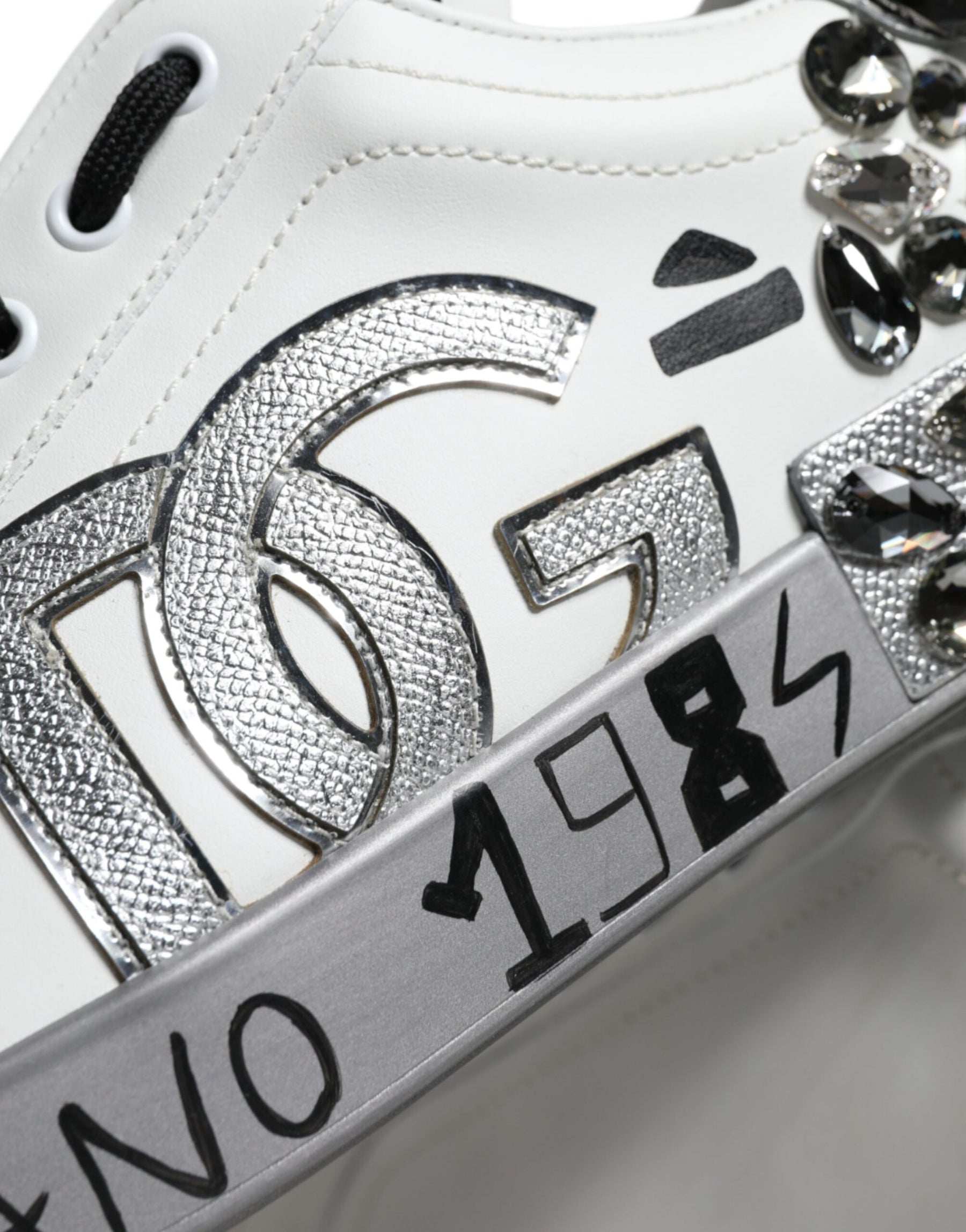 Dolce & Gabbana White Silver Crystal Logo Portofino Sneakers Shoes | Regal Royce