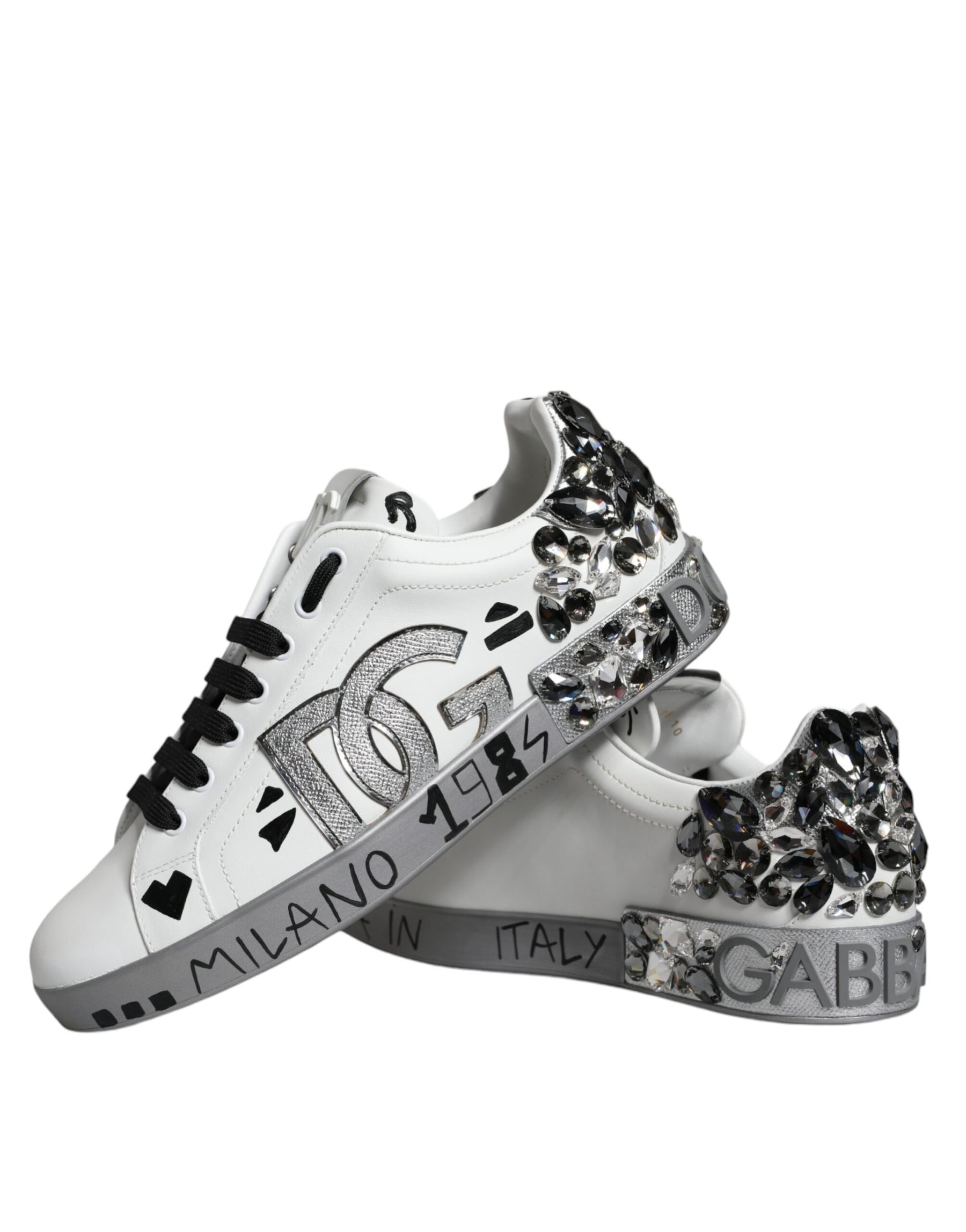 Dolce & Gabbana White Silver Crystal Logo Portofino Sneakers Shoes | Regal Royce