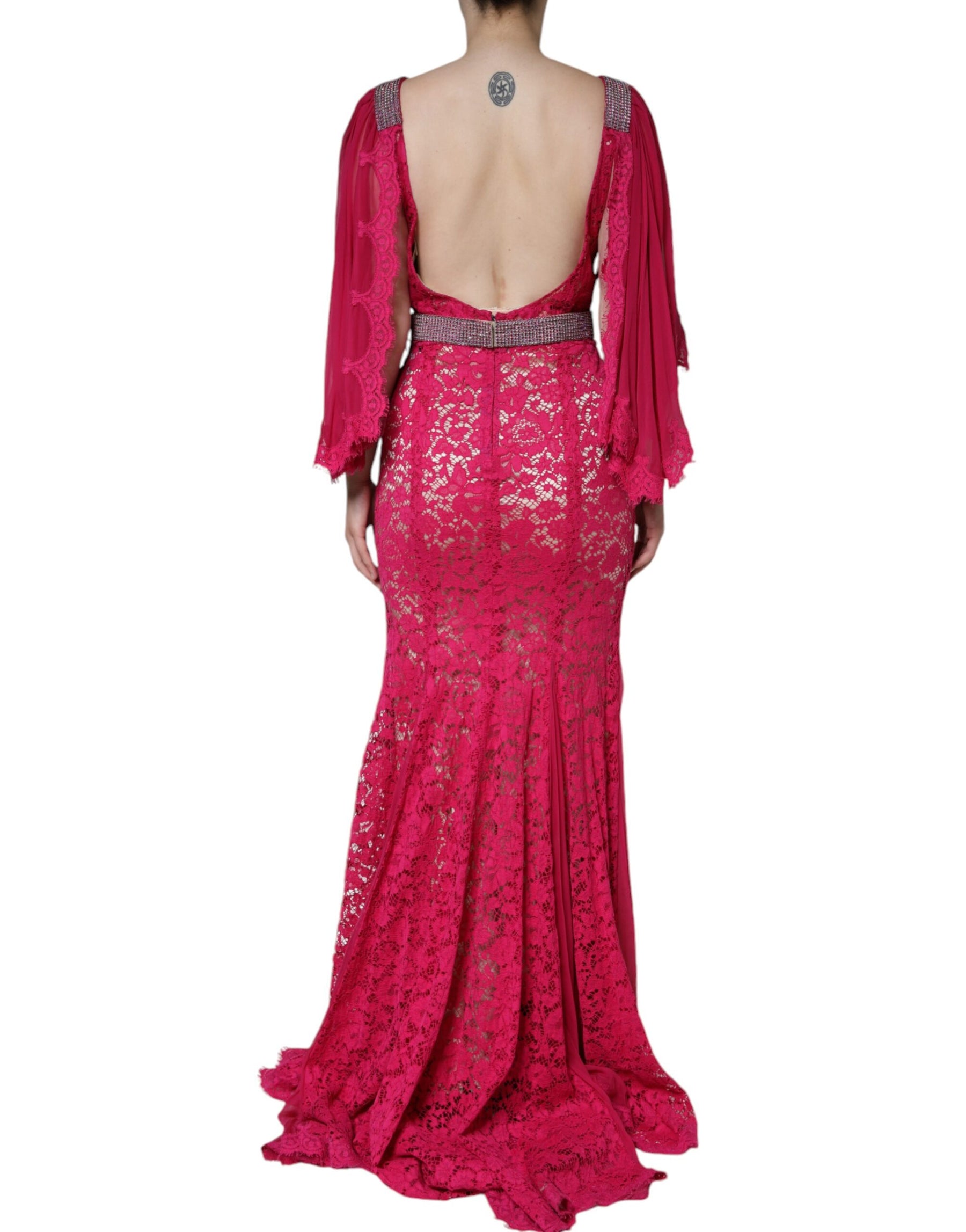 Dolce & Gabbana Pink Lace Crystal Sheath Long Gown Dress | Regal Royce