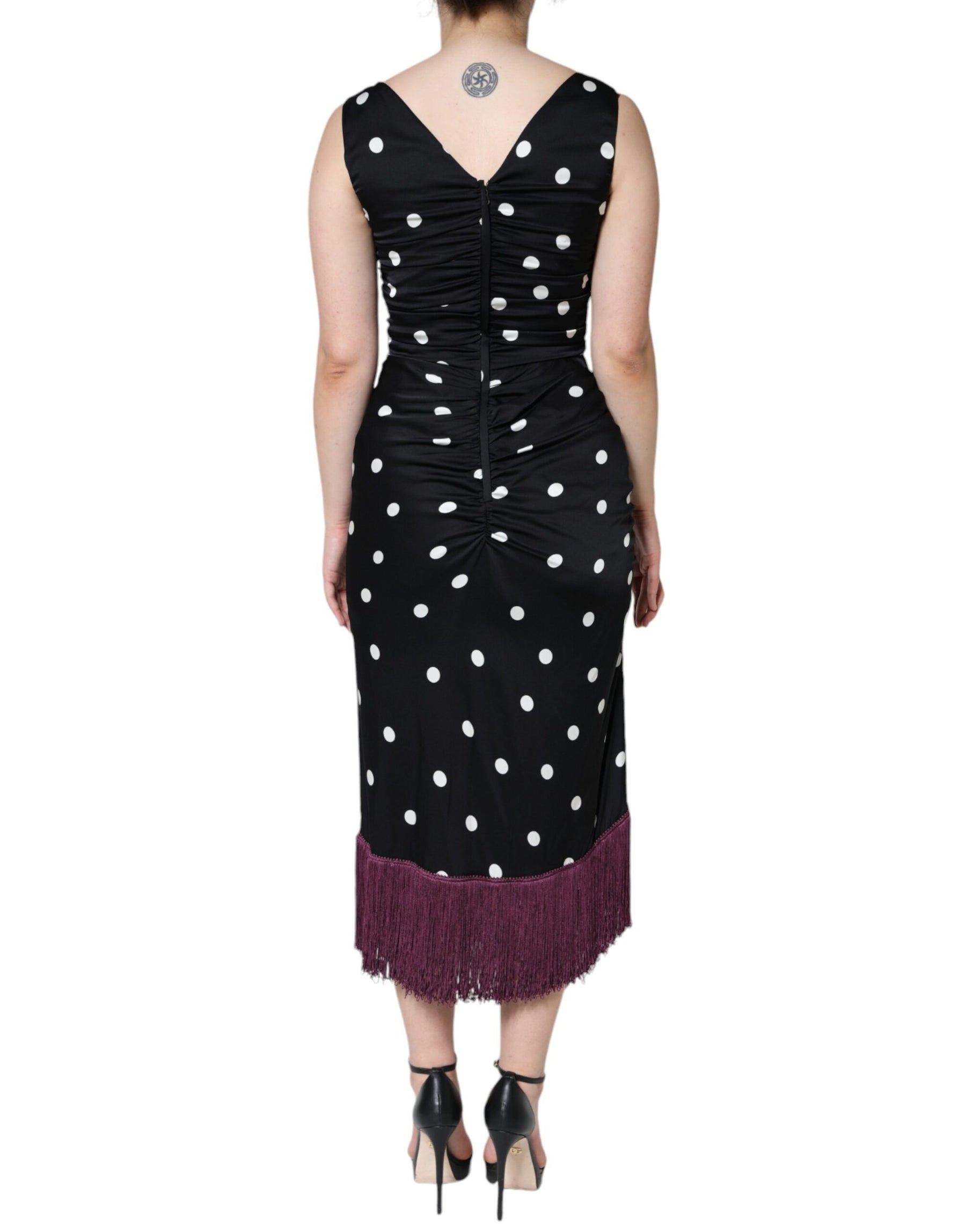 Dolce & Gabbana Black Silk Polka Dot Vneck Tassel Midi Dress | Regal Royce