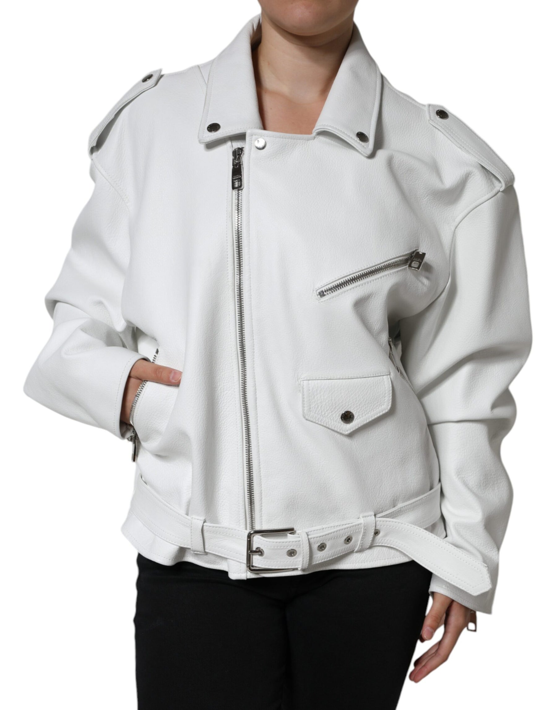 Dolce & Gabbana White Lambskin Leather Biker Coat Jacket | Regal Royce
