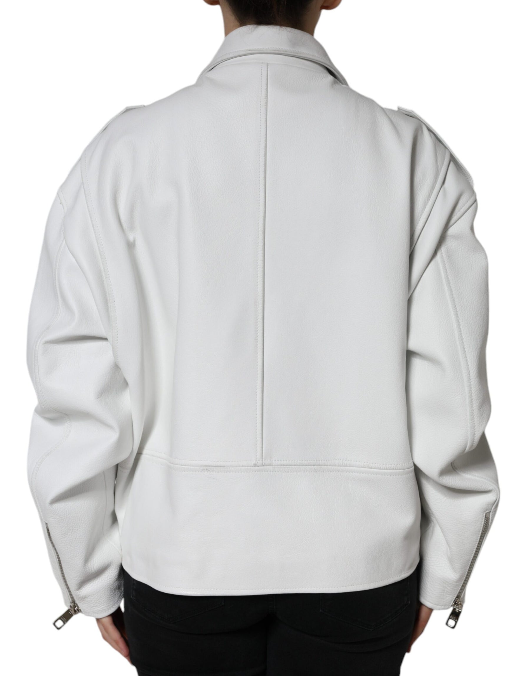 Dolce & Gabbana White Lambskin Leather Biker Coat Jacket | Regal Royce