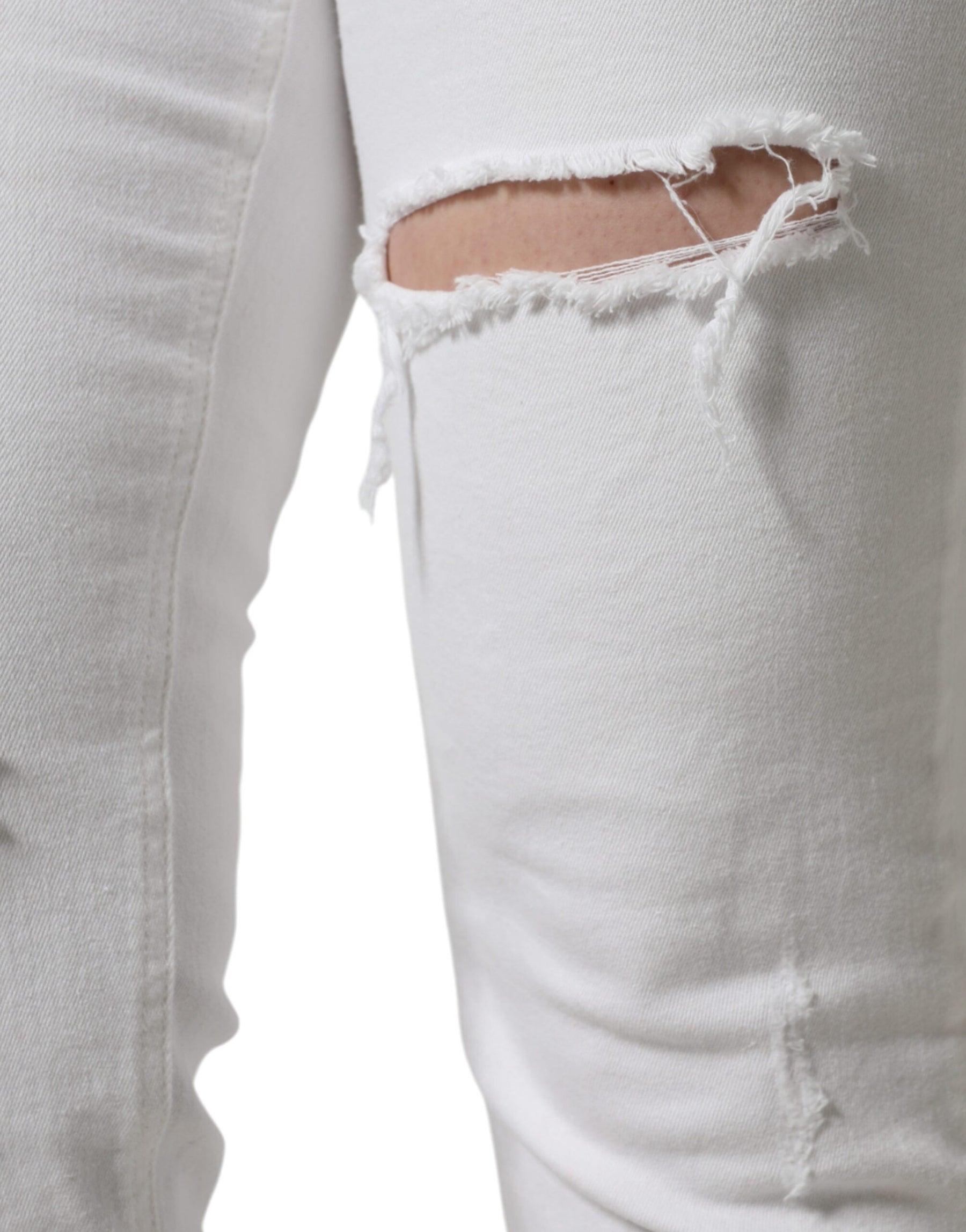 Dolce & Gabbana White Cotton Stretch Tattered Skinny Jeans | Regal Royce