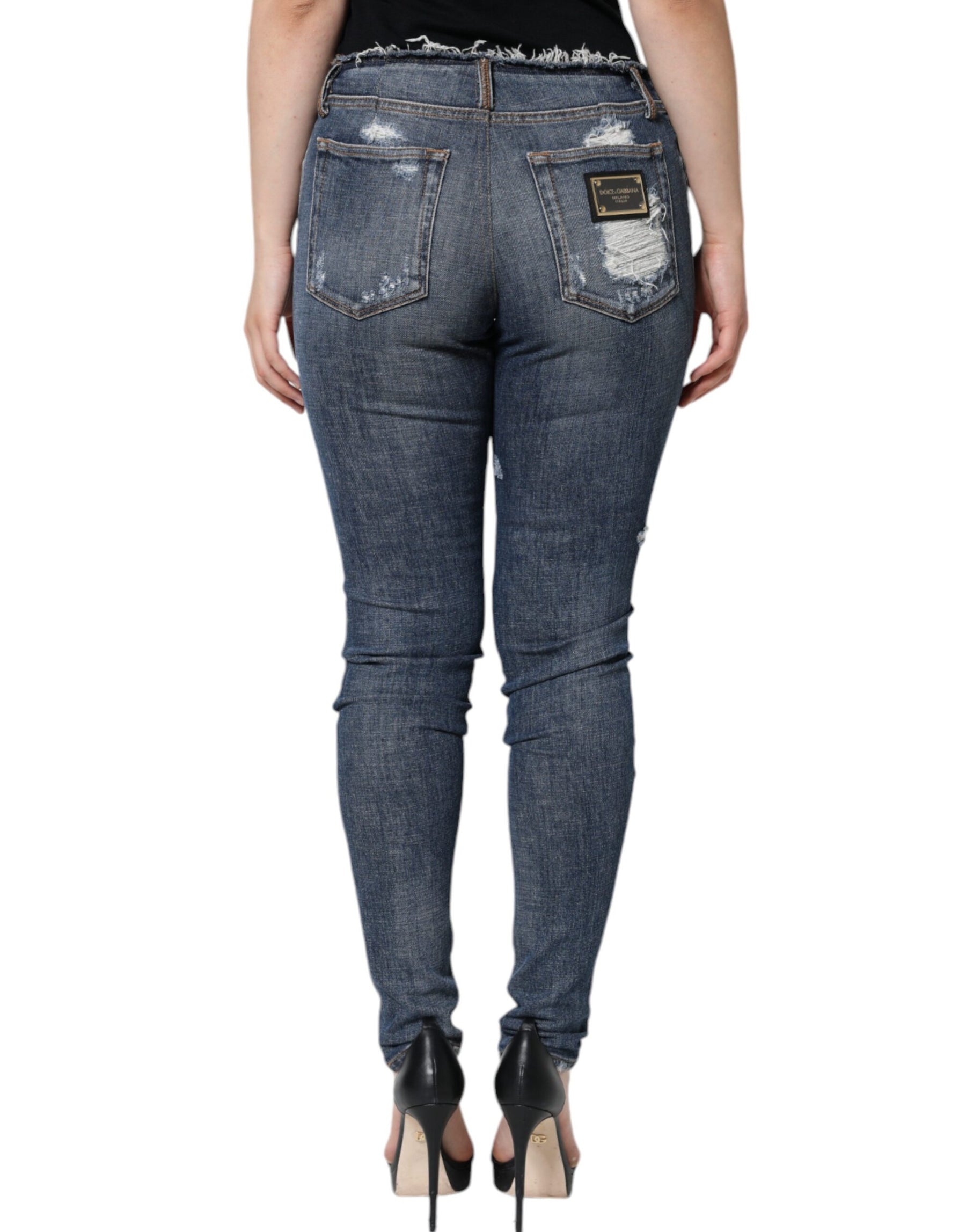 Dolce & Gabbana Blue Cotton Stretch Tattered Skinny Jeans | Regal Royce