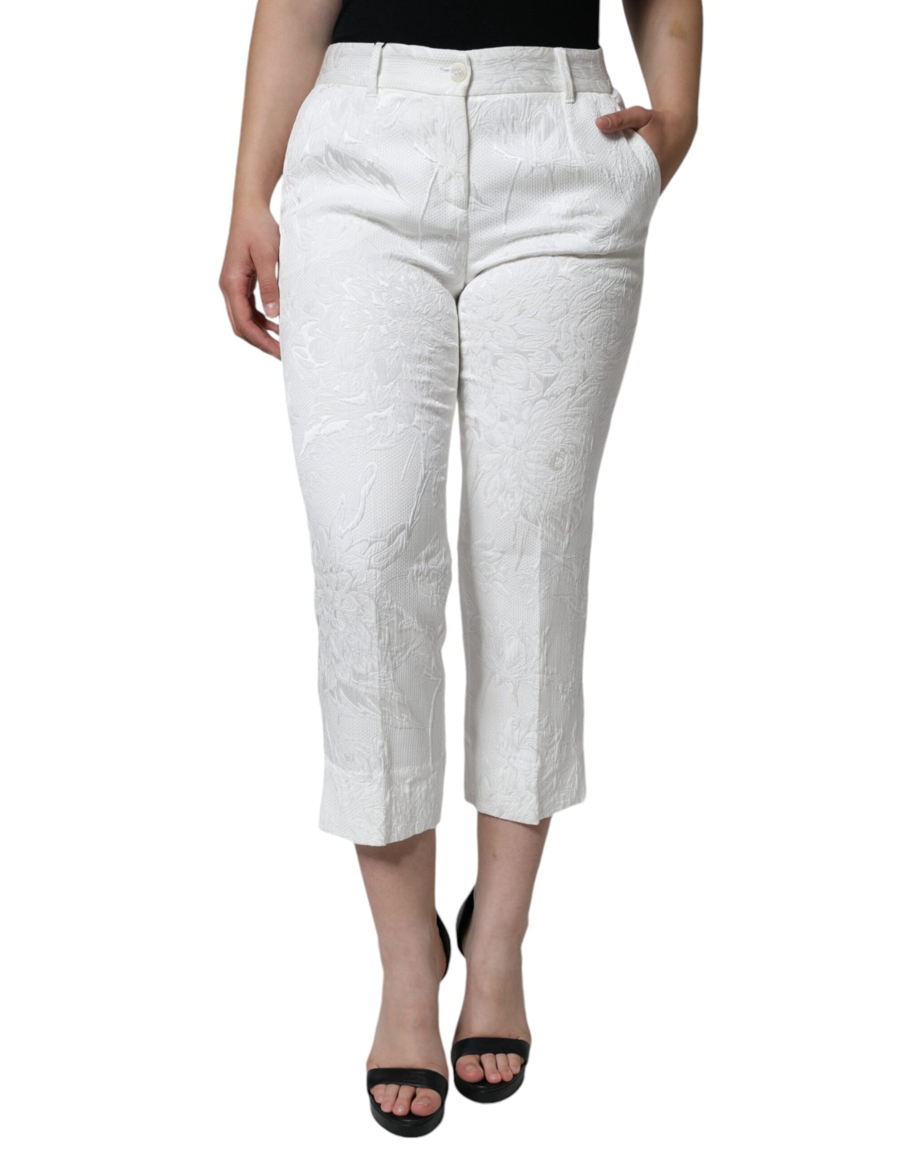 Dolce & Gabbana White Floral Brocade Cotton Cropped Pants | Regal Royce