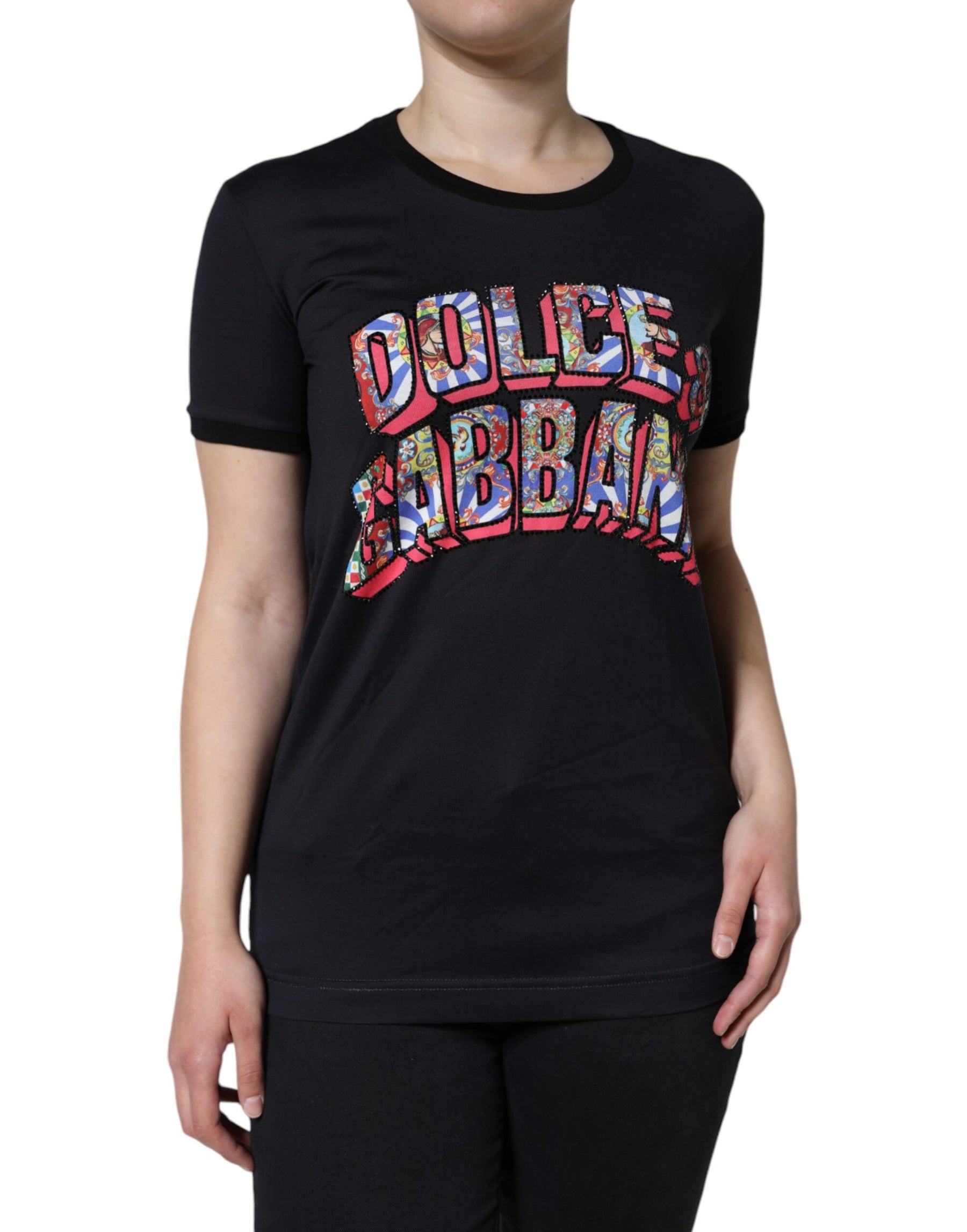 Dolce & Gabbana Black Cotton Logo Print Round Neck T-shirt | Regal Royce