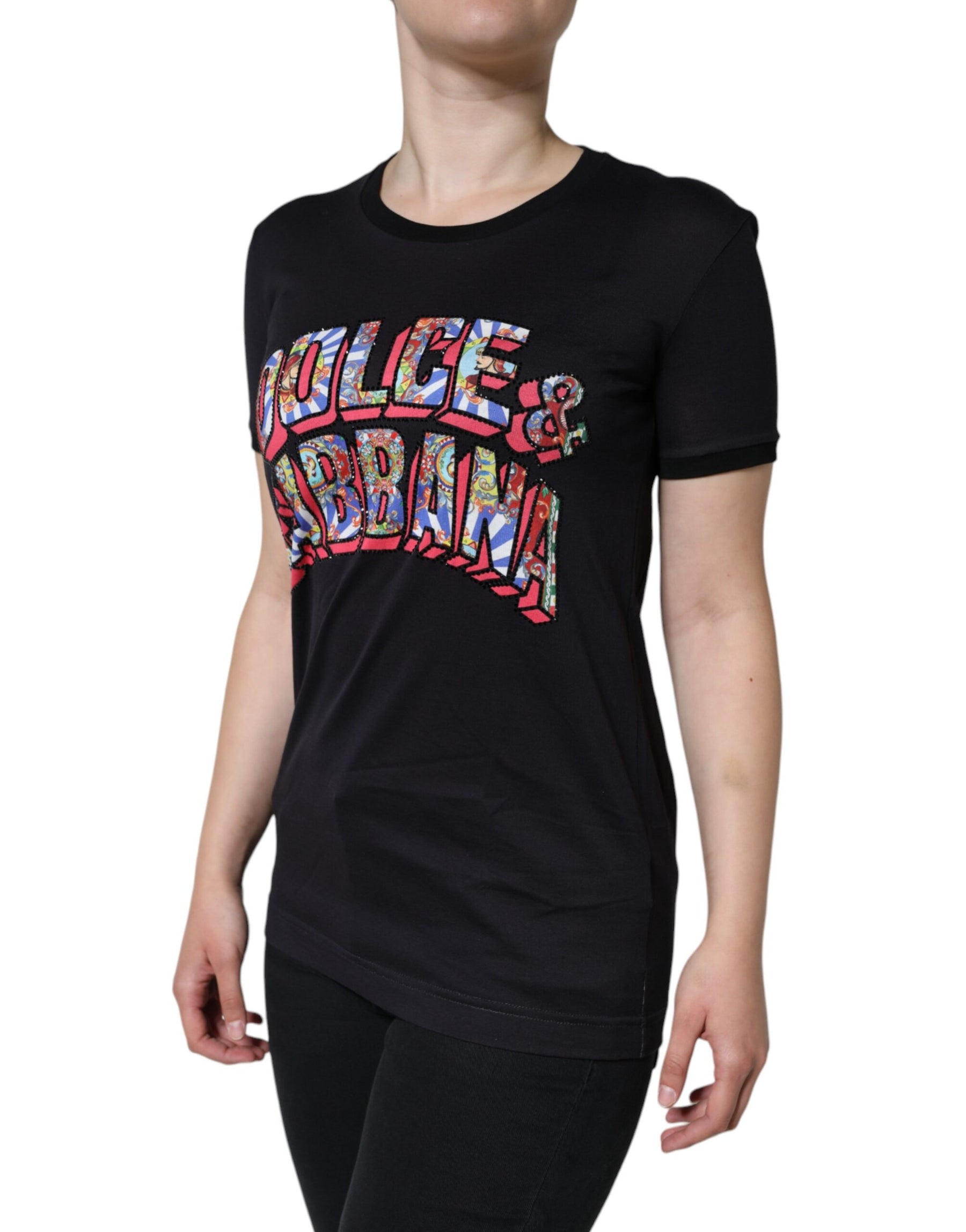 Dolce & Gabbana Black Cotton Logo Print Round Neck T-shirt | Regal Royce