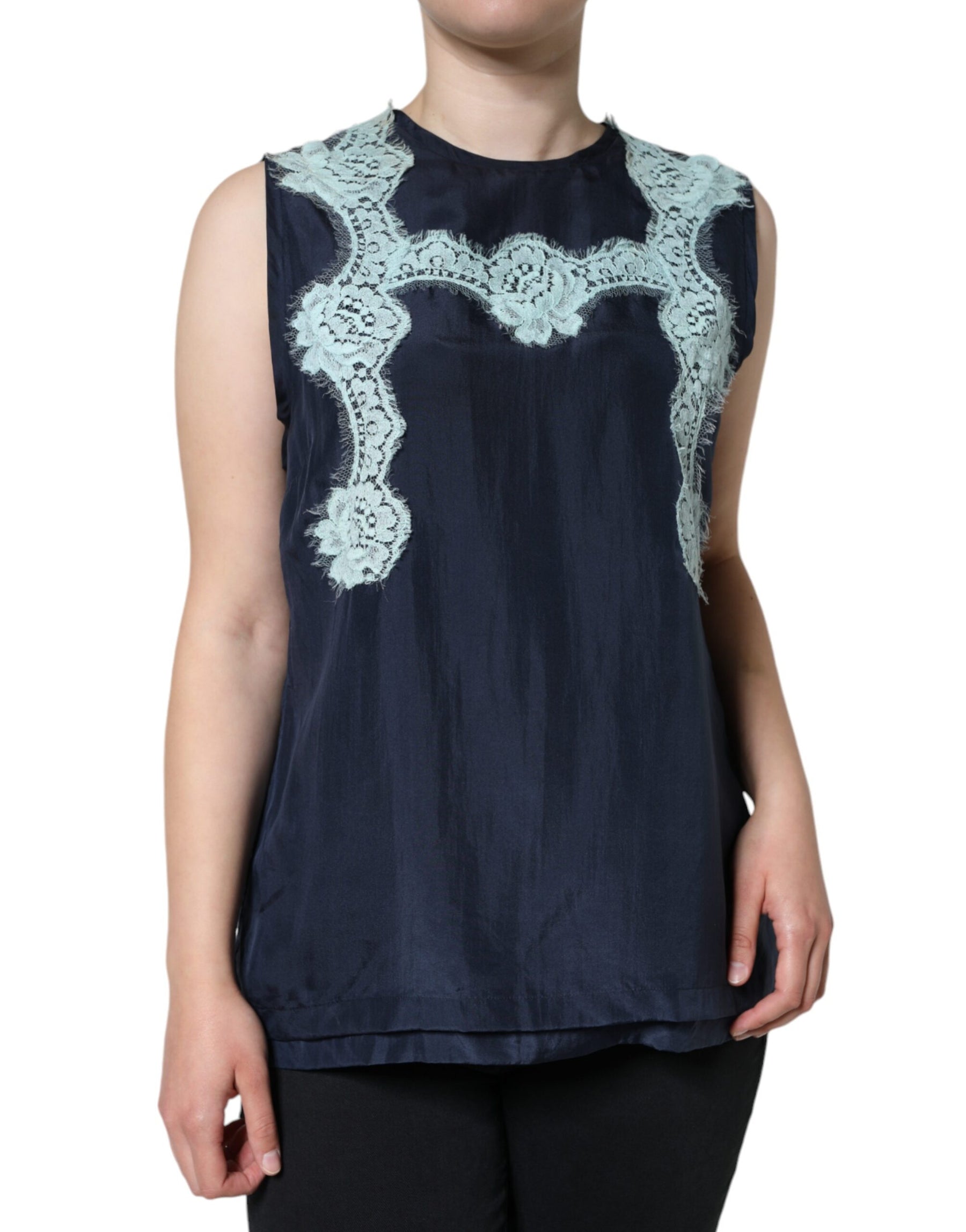 Dolce & Gabbana Blue Floral Lace Silk Sleeveless Tank Top | Regal Royce