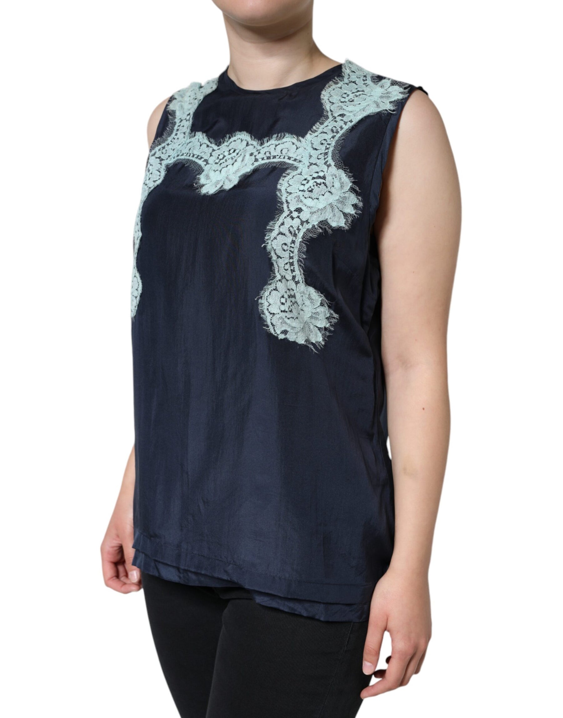 Dolce & Gabbana Blue Floral Lace Silk Sleeveless Tank Top | Regal Royce