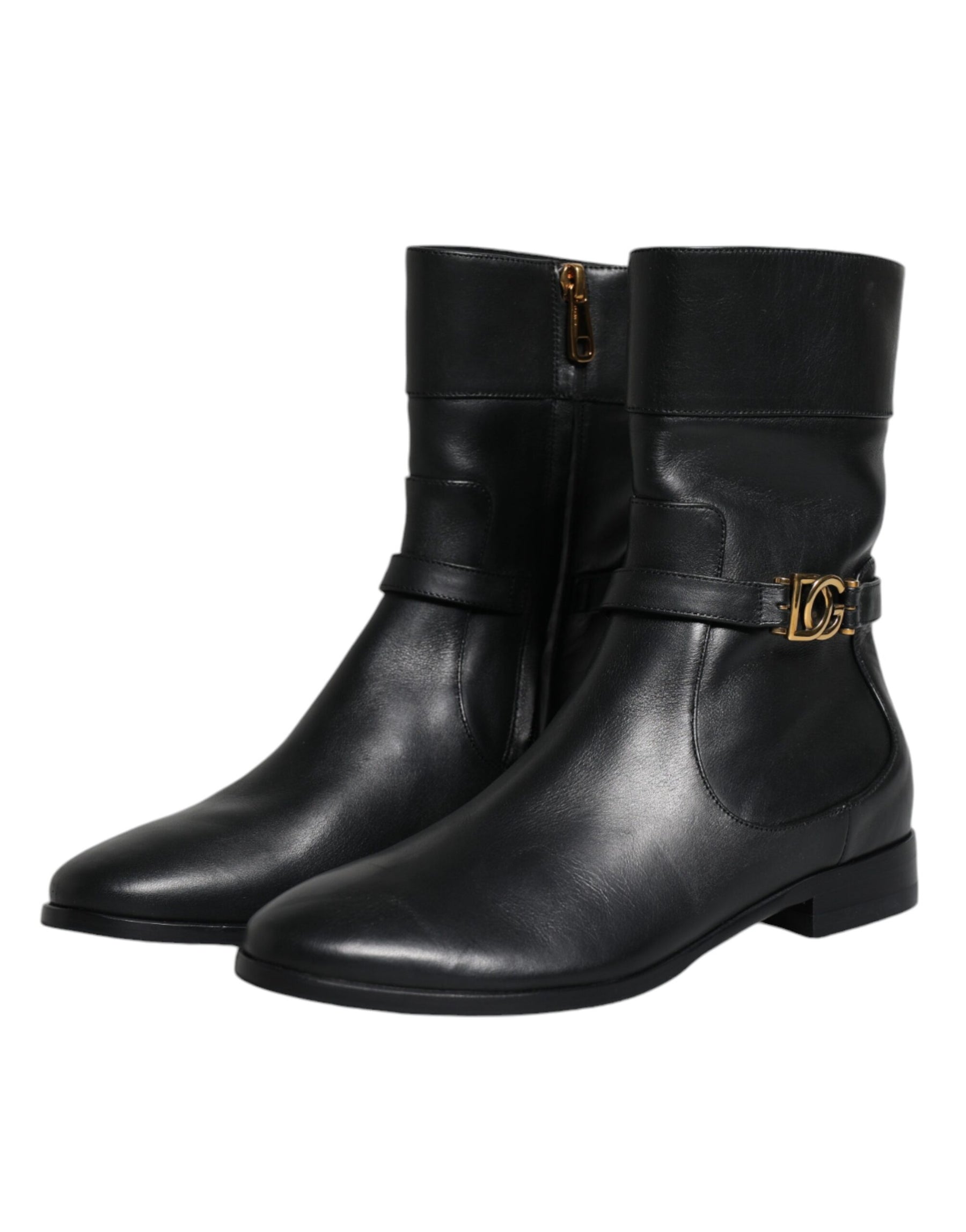 Dolce & Gabbana Black Leather Logo Mid Calf Boots Shoes | Regal Royce