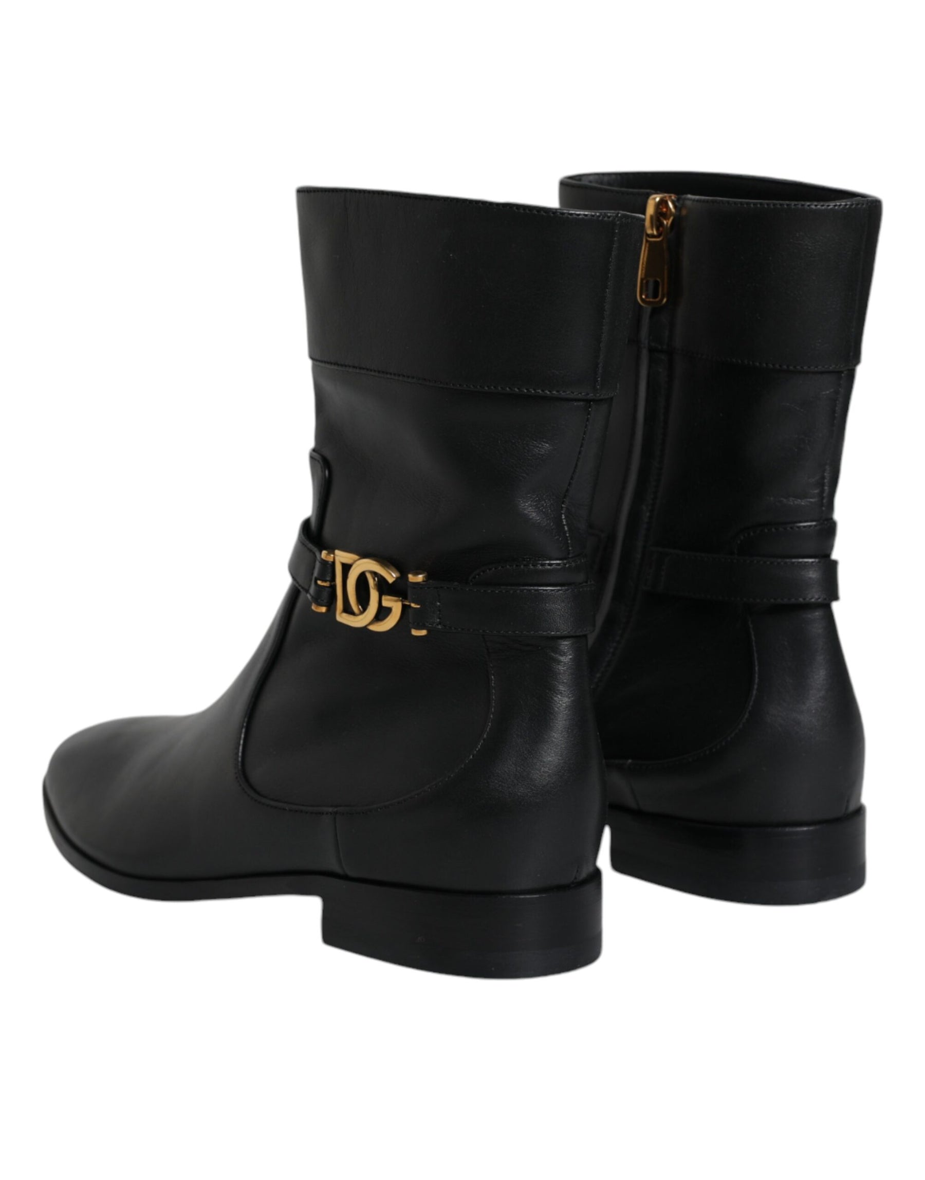 Dolce & Gabbana Black Leather Logo Mid Calf Boots Shoes | Regal Royce