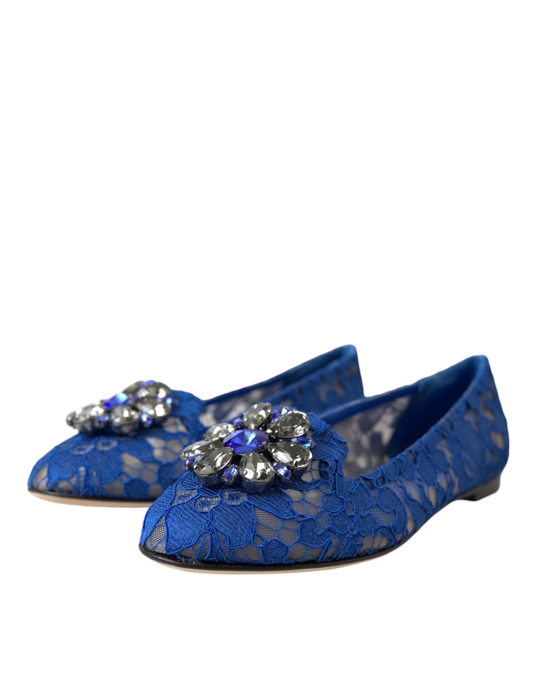 Dolce & Gabbana Blue Lace Crystal Ballet Flats Loafers Shoes | Regal Royce