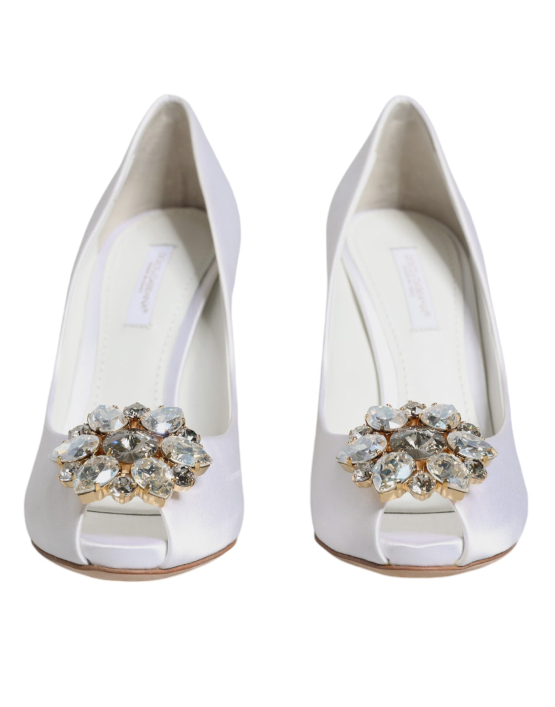 Dolce & Gabbana White Crystals Peep Toe Satin Pumps Shoes | Regal Royce
