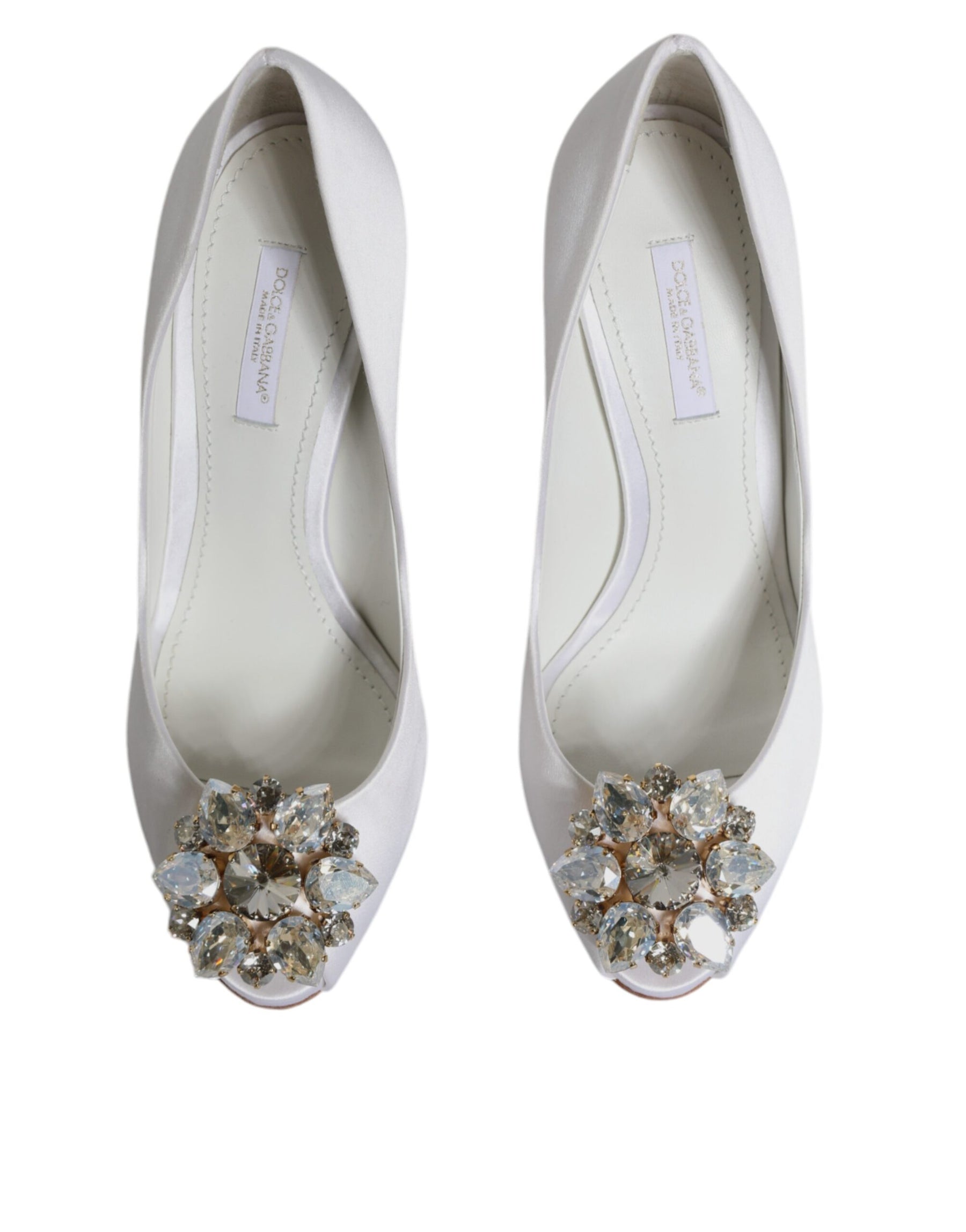 Dolce & Gabbana White Crystals Peep Toe Satin Pumps Shoes | Regal Royce