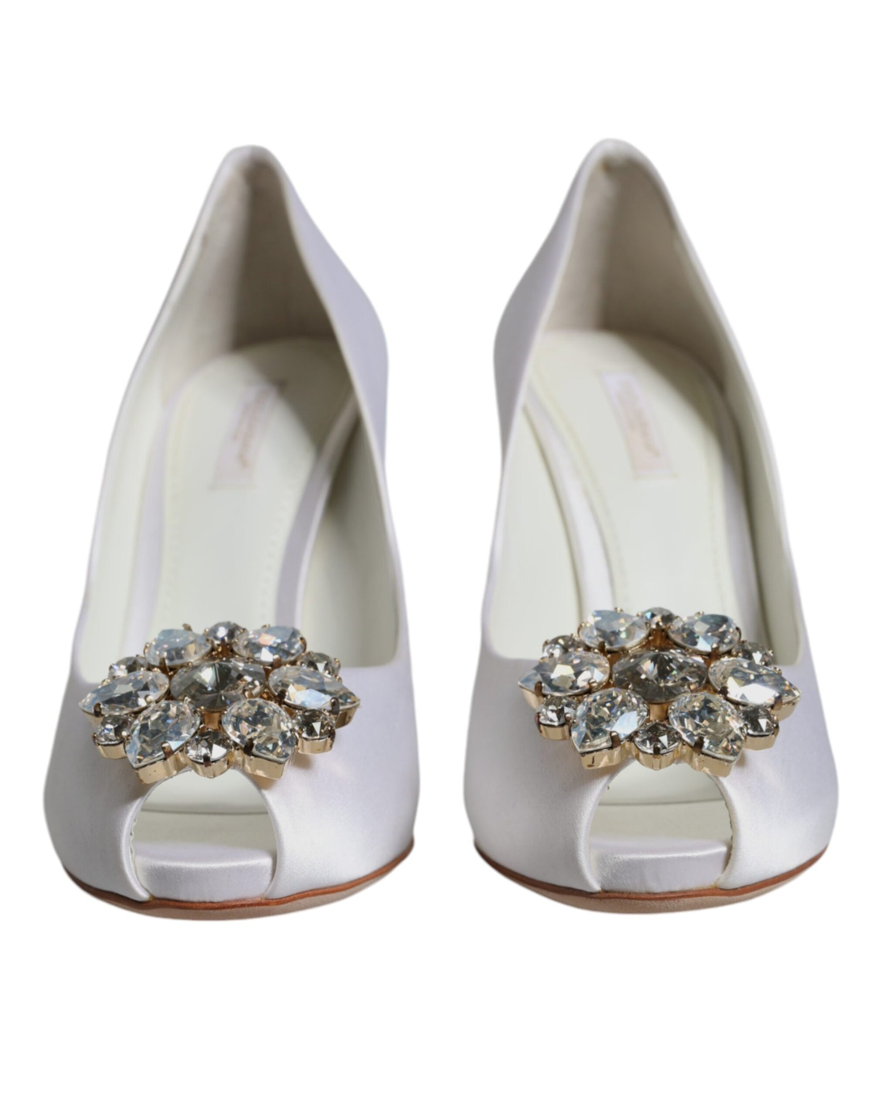 Dolce & Gabbana White Crystals Peep Toe Satin Pumps Shoes | Regal Royce