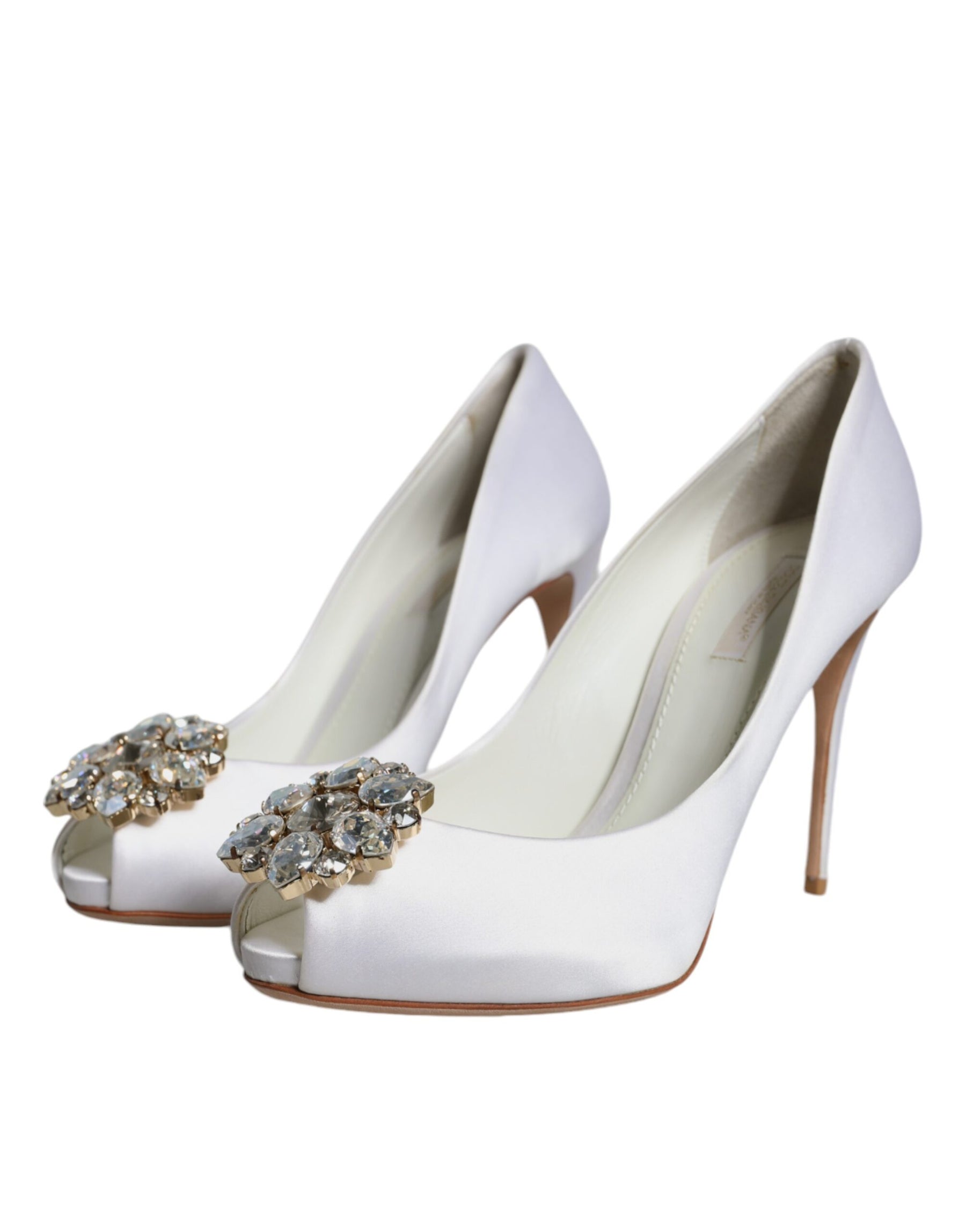 Dolce & Gabbana White Crystals Peep Toe Satin Pumps Shoes | Regal Royce