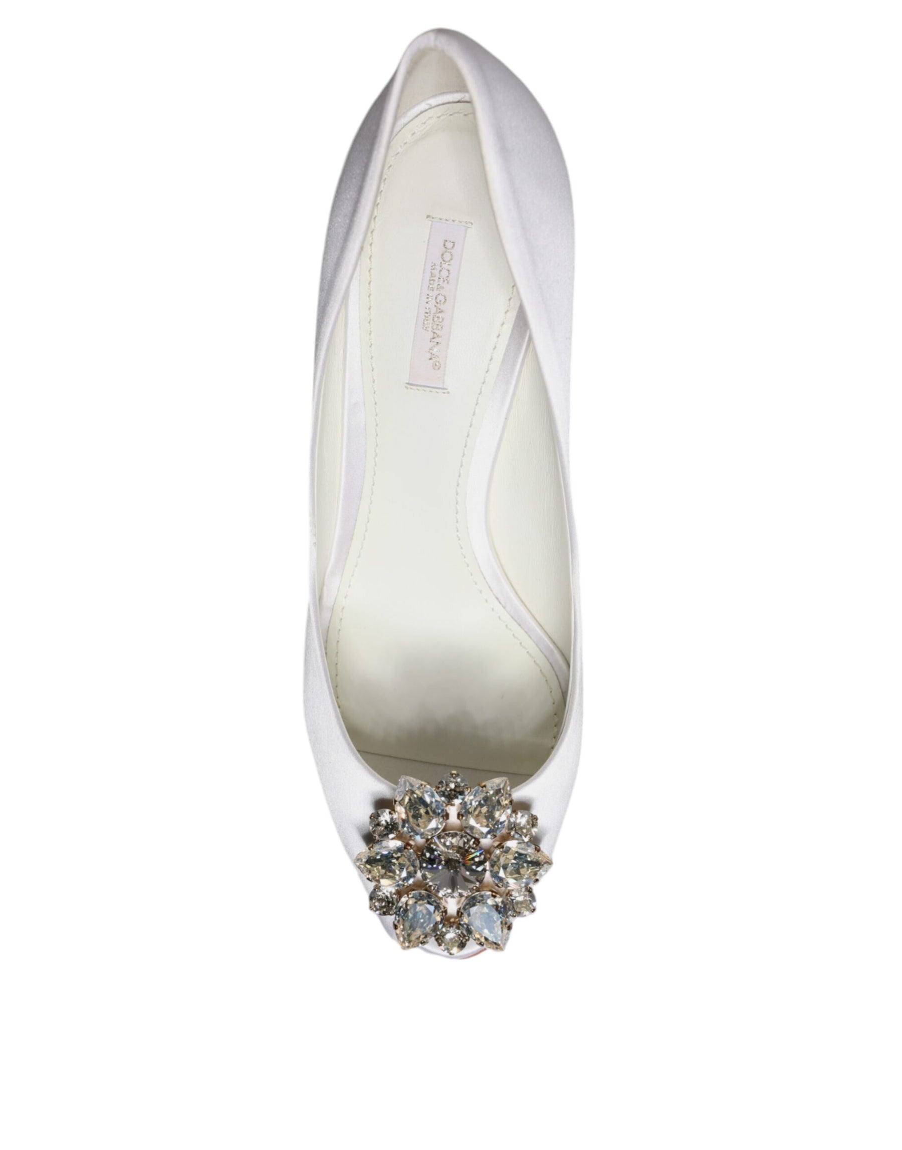 Dolce & Gabbana White Crystals Peep Toe Satin Pumps Shoes | Regal Royce