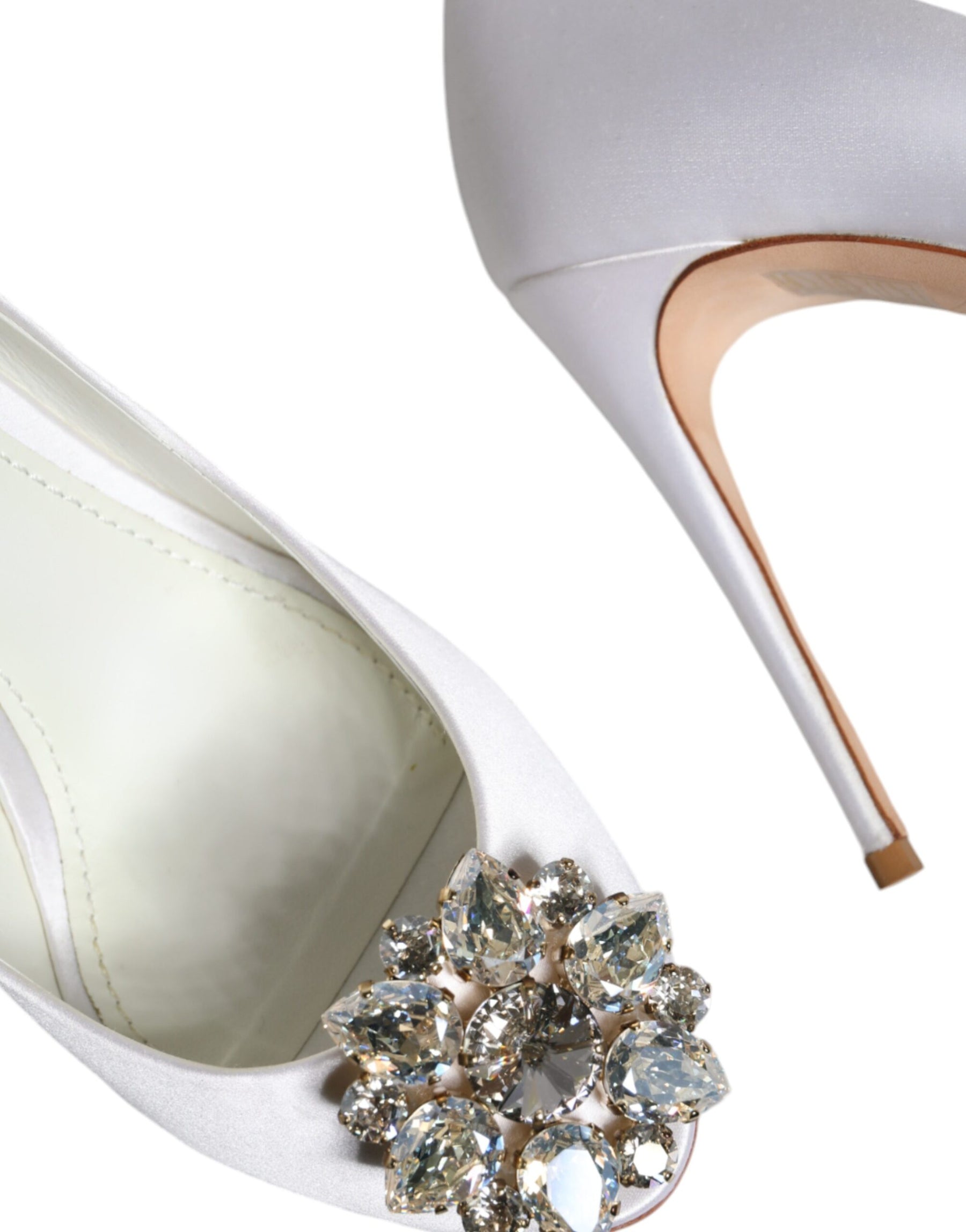 Dolce & Gabbana White Crystals Peep Toe Satin Pumps Shoes | Regal Royce