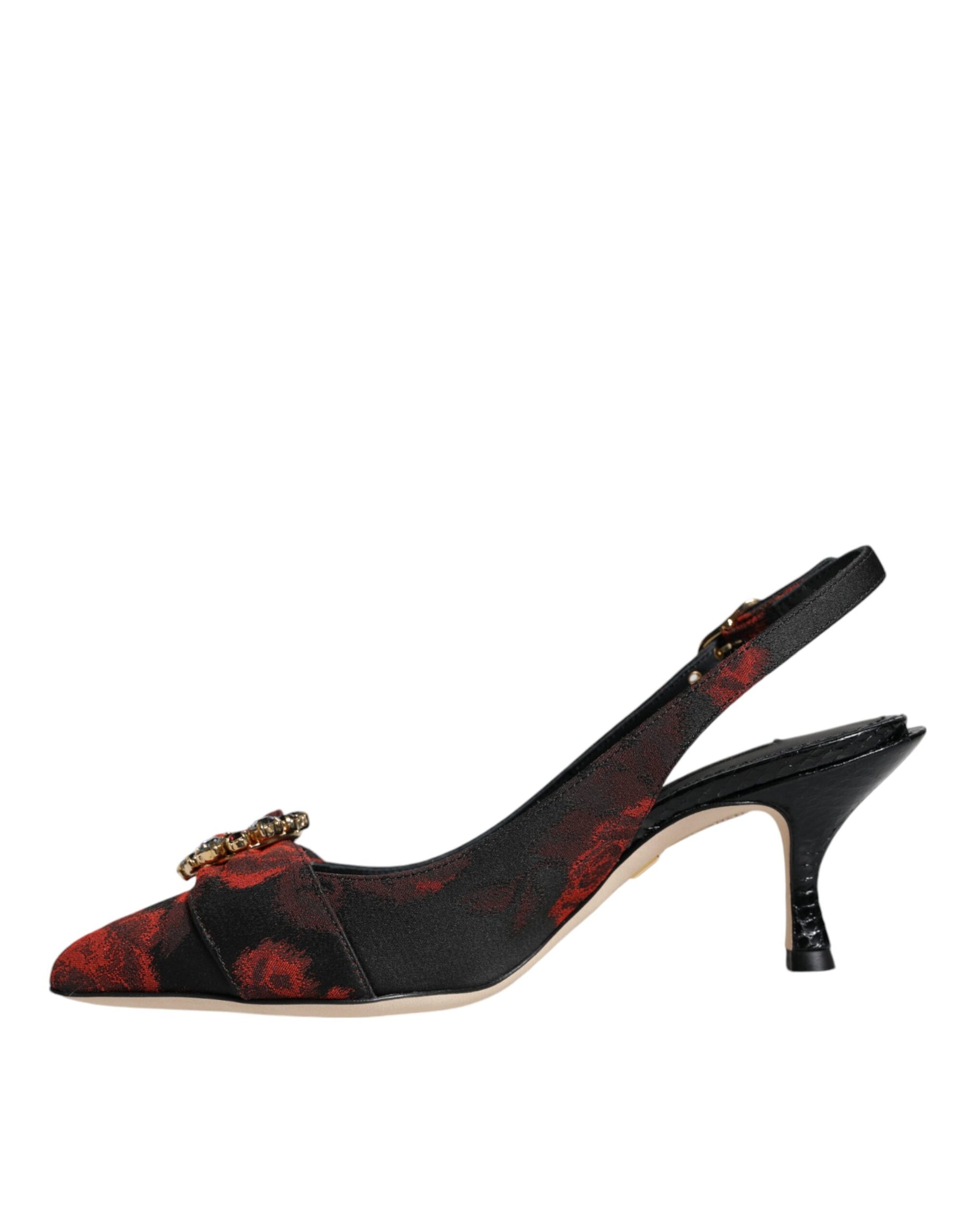 Dolce & Gabbana Black Red Floral Crystal Heel Slingback Shoes | Regal Royce