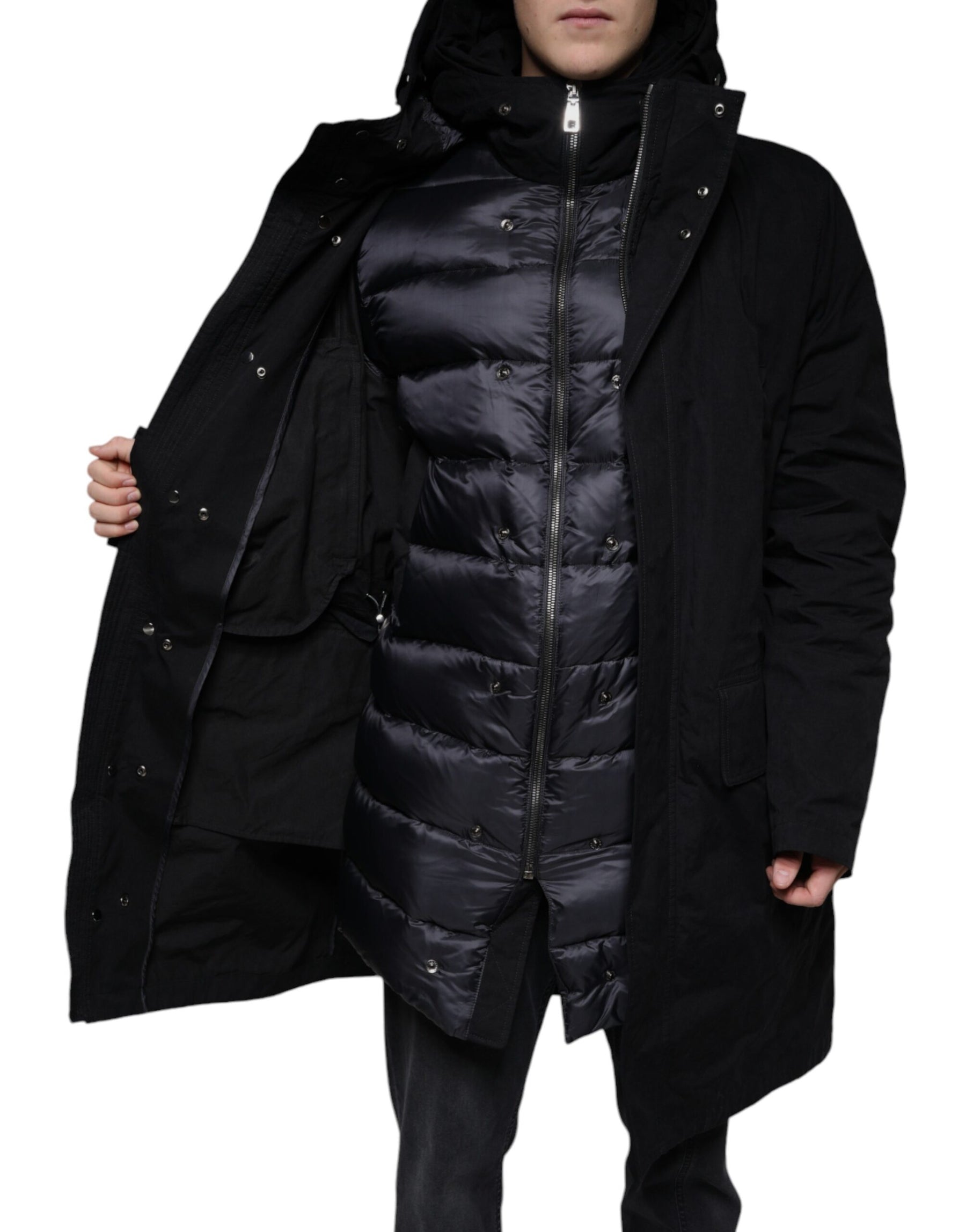 Dolce & Gabbana Black Hooded Parka Cotton Trench Coat Jacket | Regal Royce