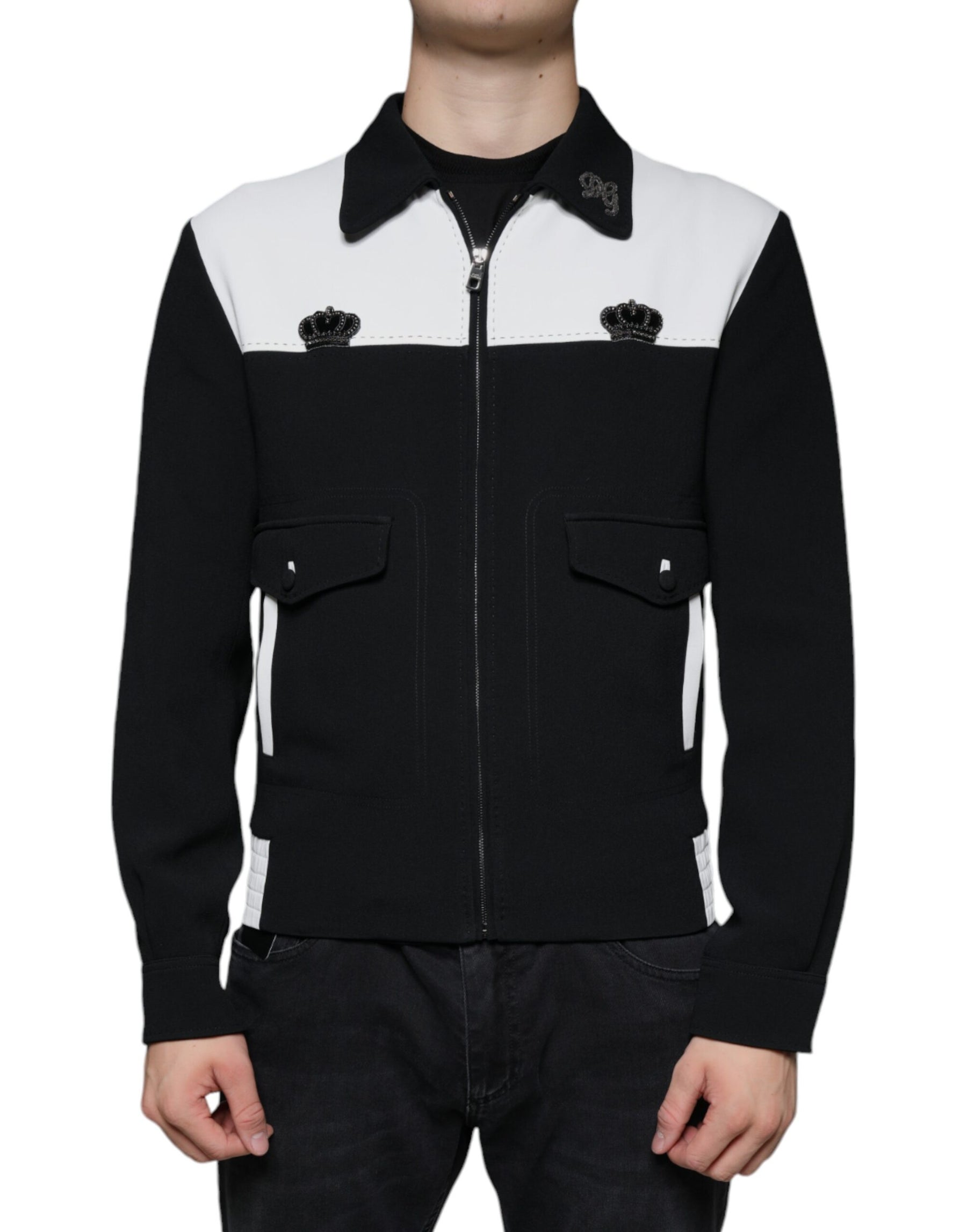 Dolce & Gabbana Black White DG Crown Full Zip Blouson Jacket | Regal Royce