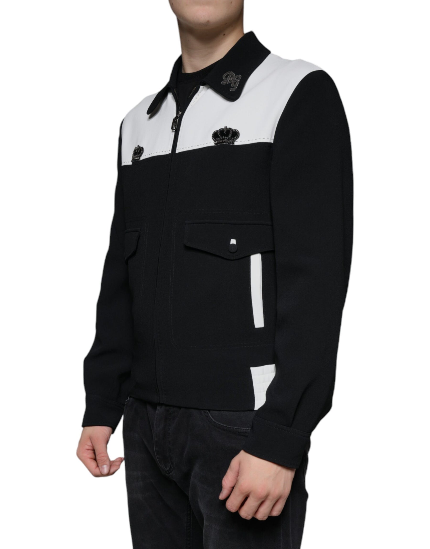 Dolce & Gabbana Black White DG Crown Full Zip Blouson Jacket | Regal Royce