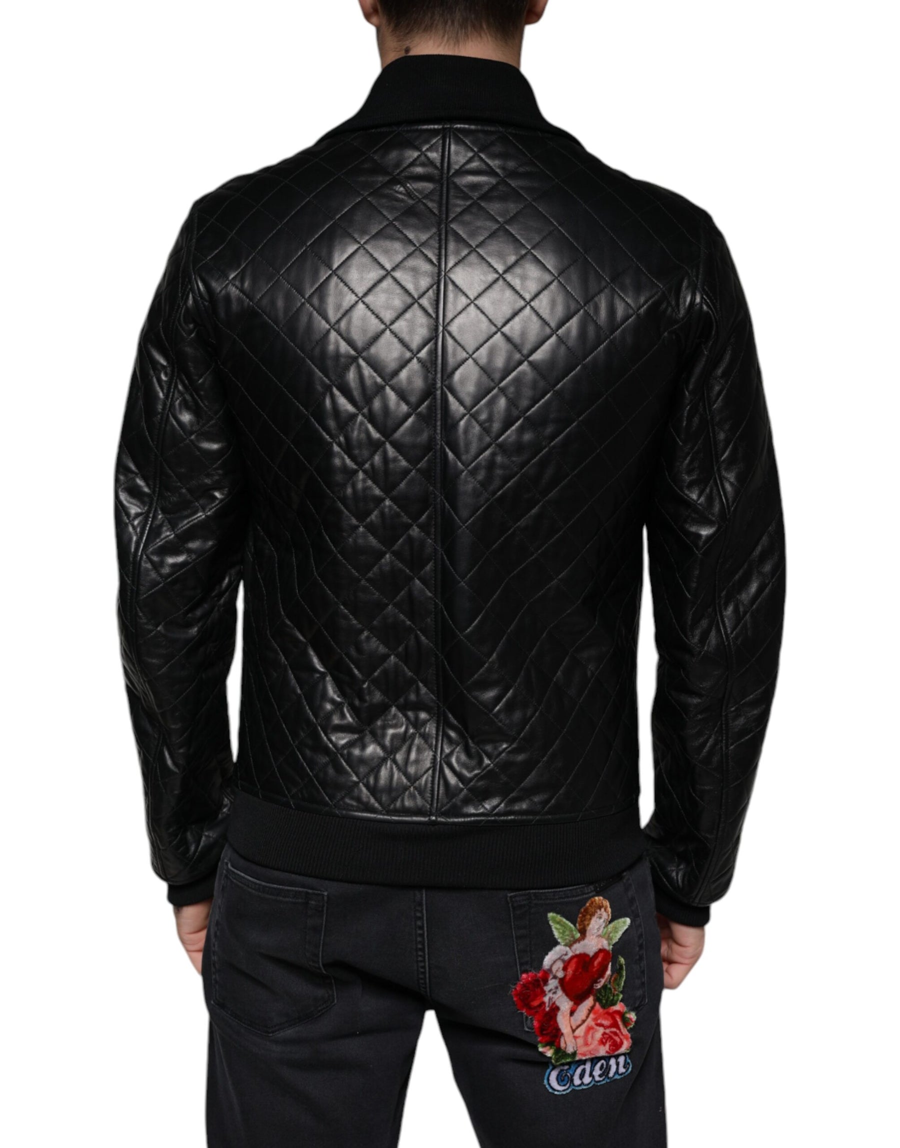 Dolce & Gabbana Black Calf Leather Quilted Full Zip Jacket | Regal Royce