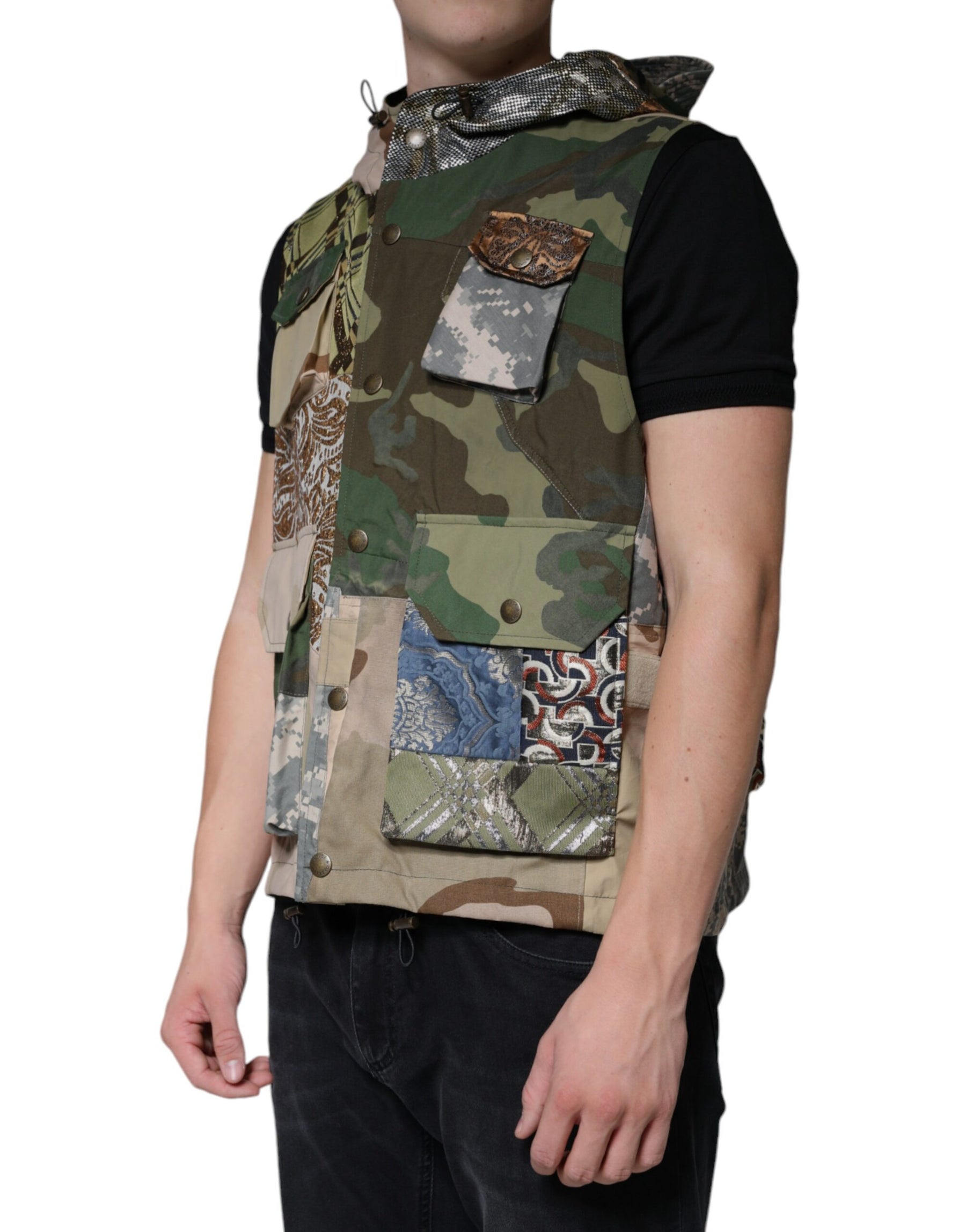 Dolce & Gabbana Multicolor Patchwork Hooded Vest Jacket | Regal Royce