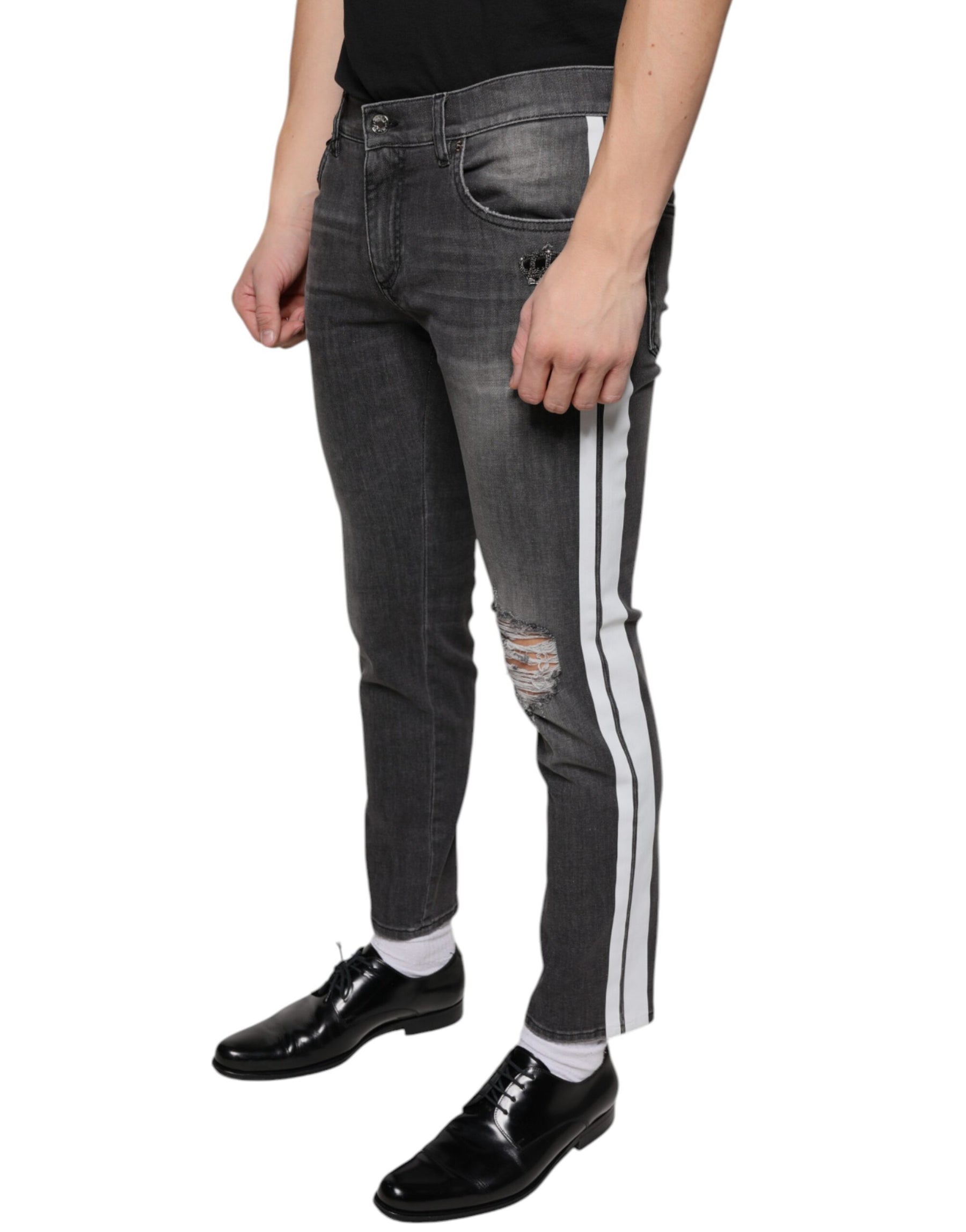 Dolce & Gabbana Black Tattered Cotton Skinny Men Denim Jeans | Regal Royce