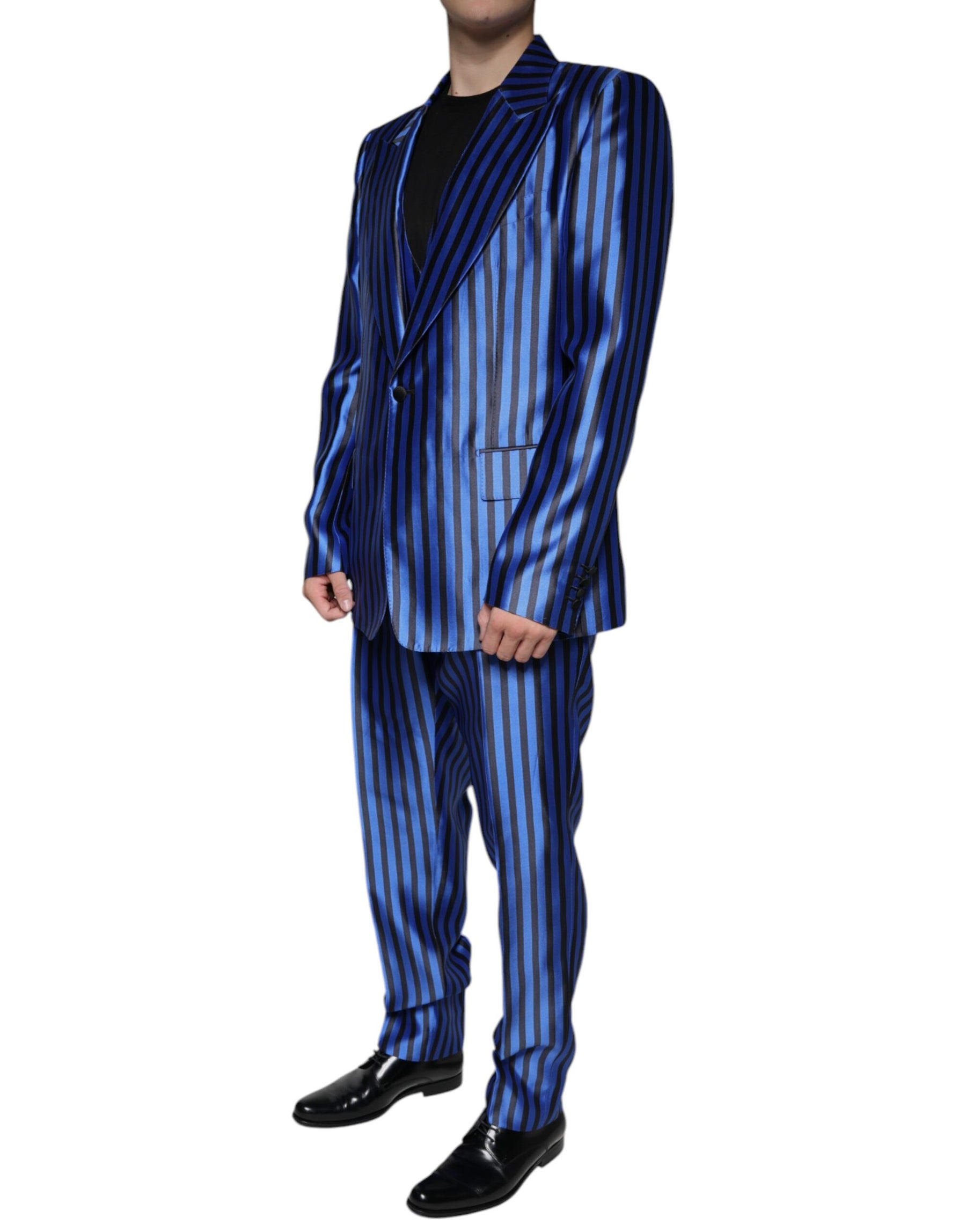 Dolce & Gabbana Metallic Blue Stripes Formal 3 Piece Suit | Regal Royce