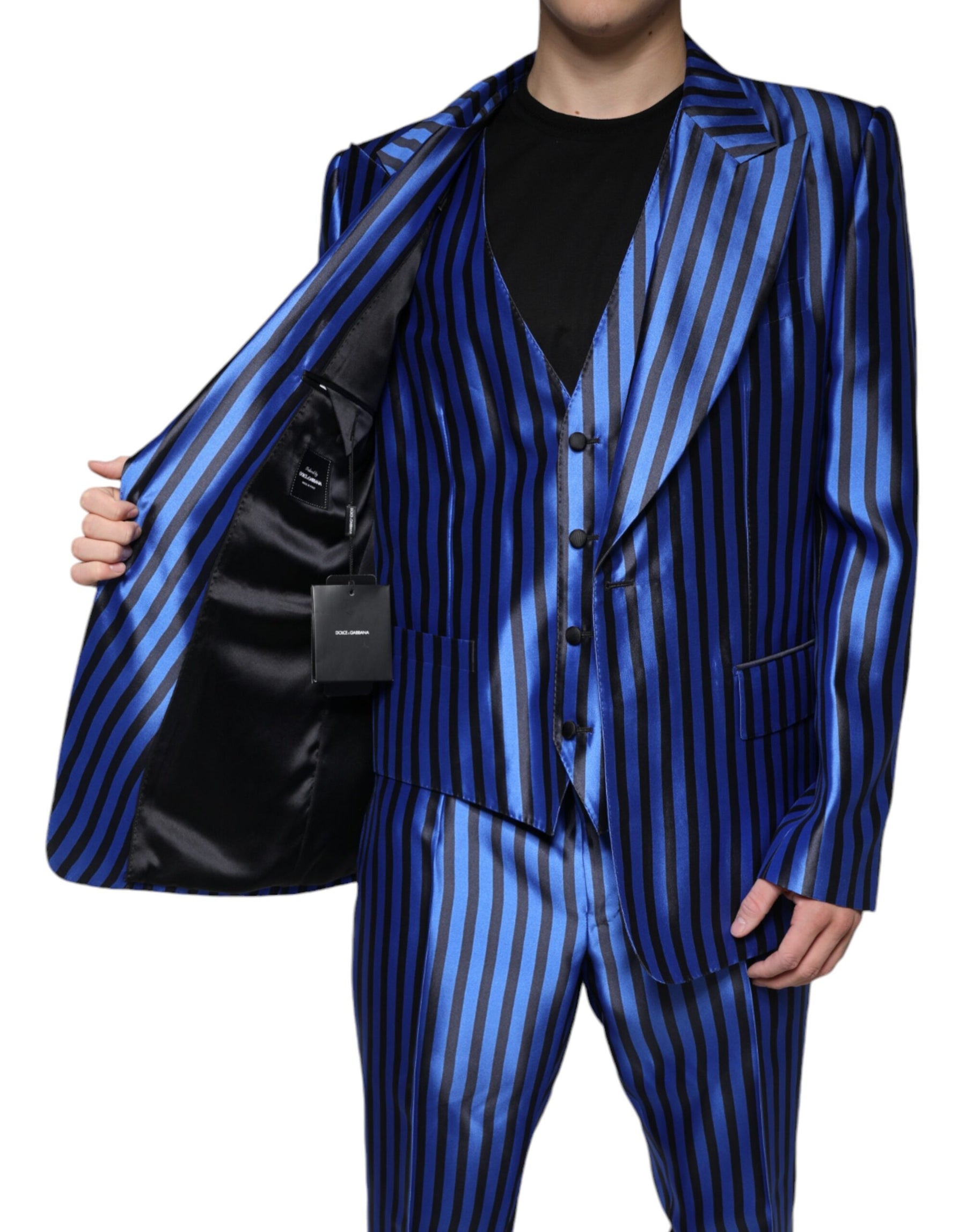 Dolce & Gabbana Metallic Blue Stripes Formal 3 Piece Suit | Regal Royce
