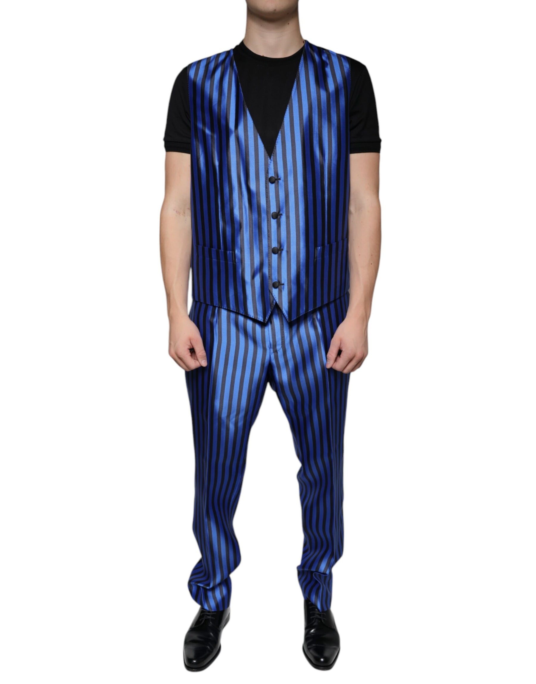Dolce & Gabbana Metallic Blue Stripes Formal 3 Piece Suit | Regal Royce
