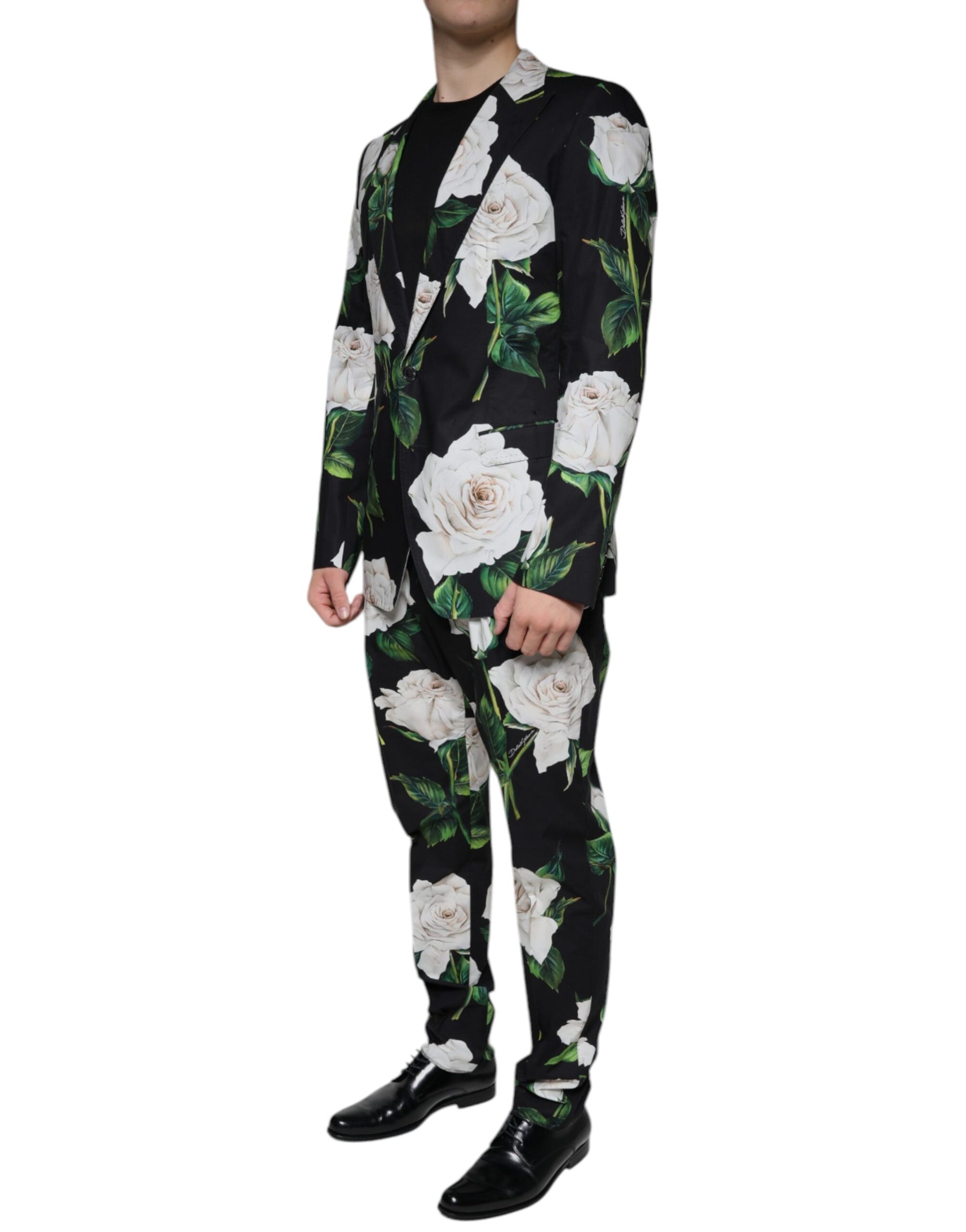 Dolce & Gabbana Black Rose Cotton Men Formal 2 Piece Suit | Regal Royce