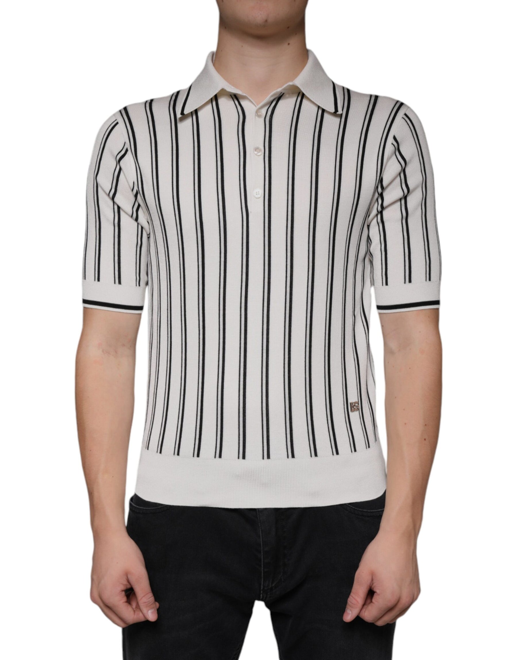 Dolce & Gabbana White Black Stripe Polo Short Sleeve T-shirt | Regal Royce