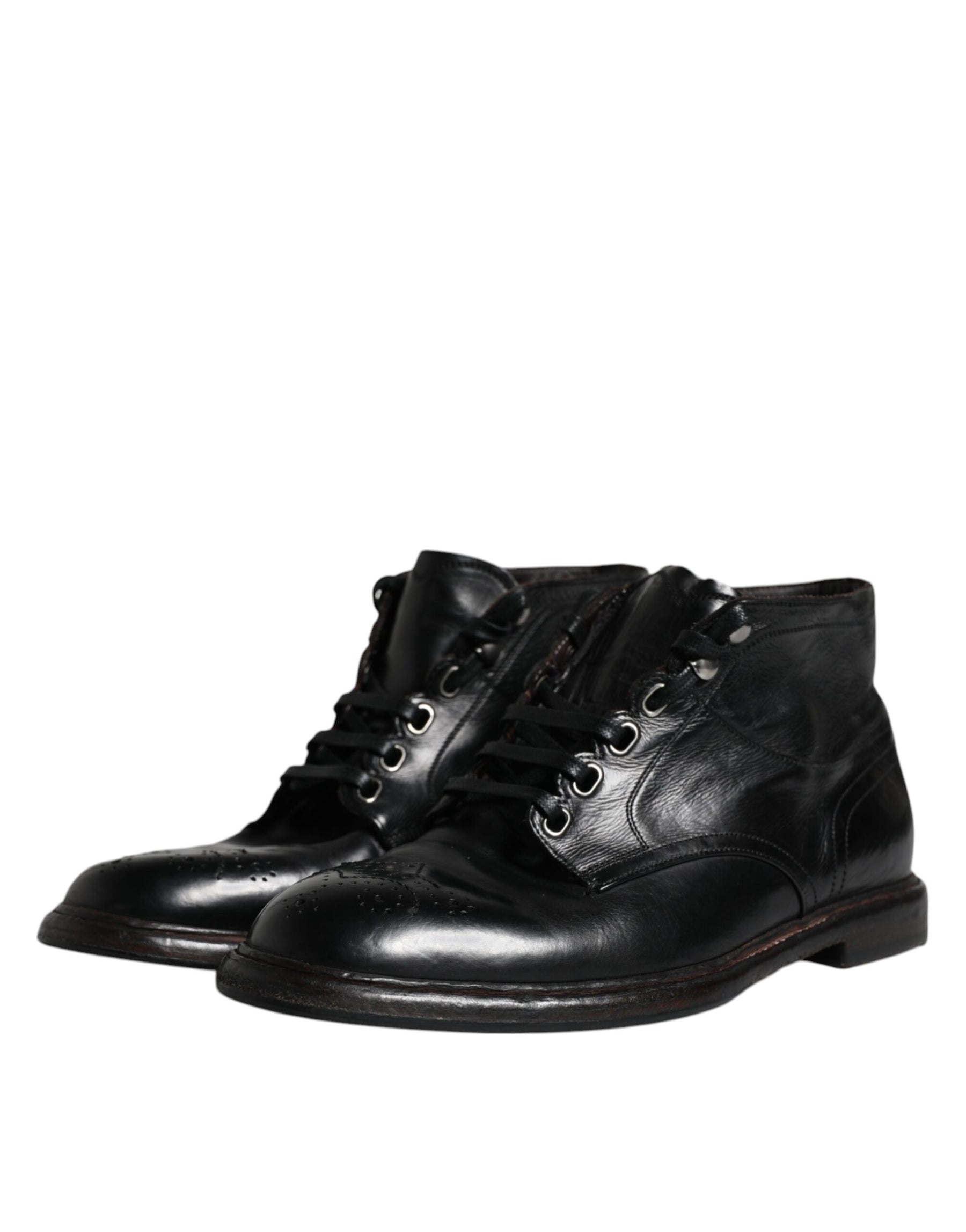 Dolce & Gabbana Black Leather Men Short Boots Lace Up Shoes | Regal Royce