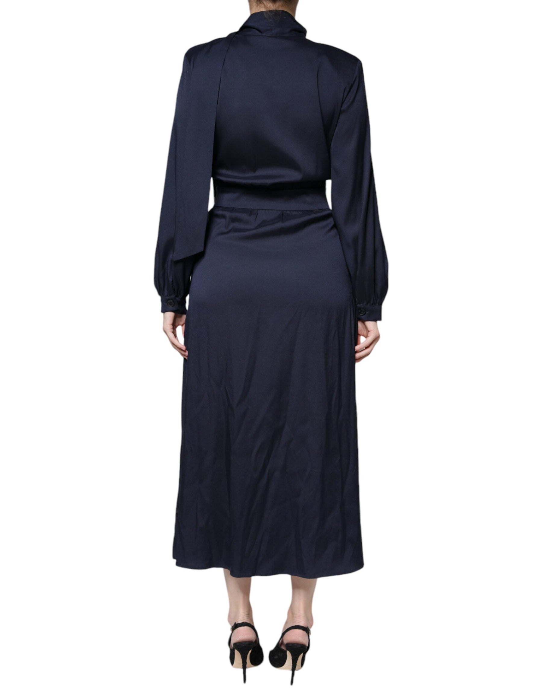 Ballantyne Dark Blue Long Sleeves Pleated A-line Maxi Dress | Regal Royce