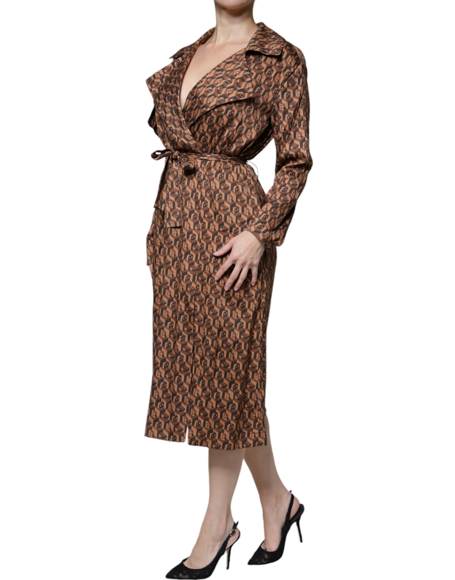 Ballantyne Brown Printed Long Sleeves V-neck Wrap Midi Dress | Regal Royce