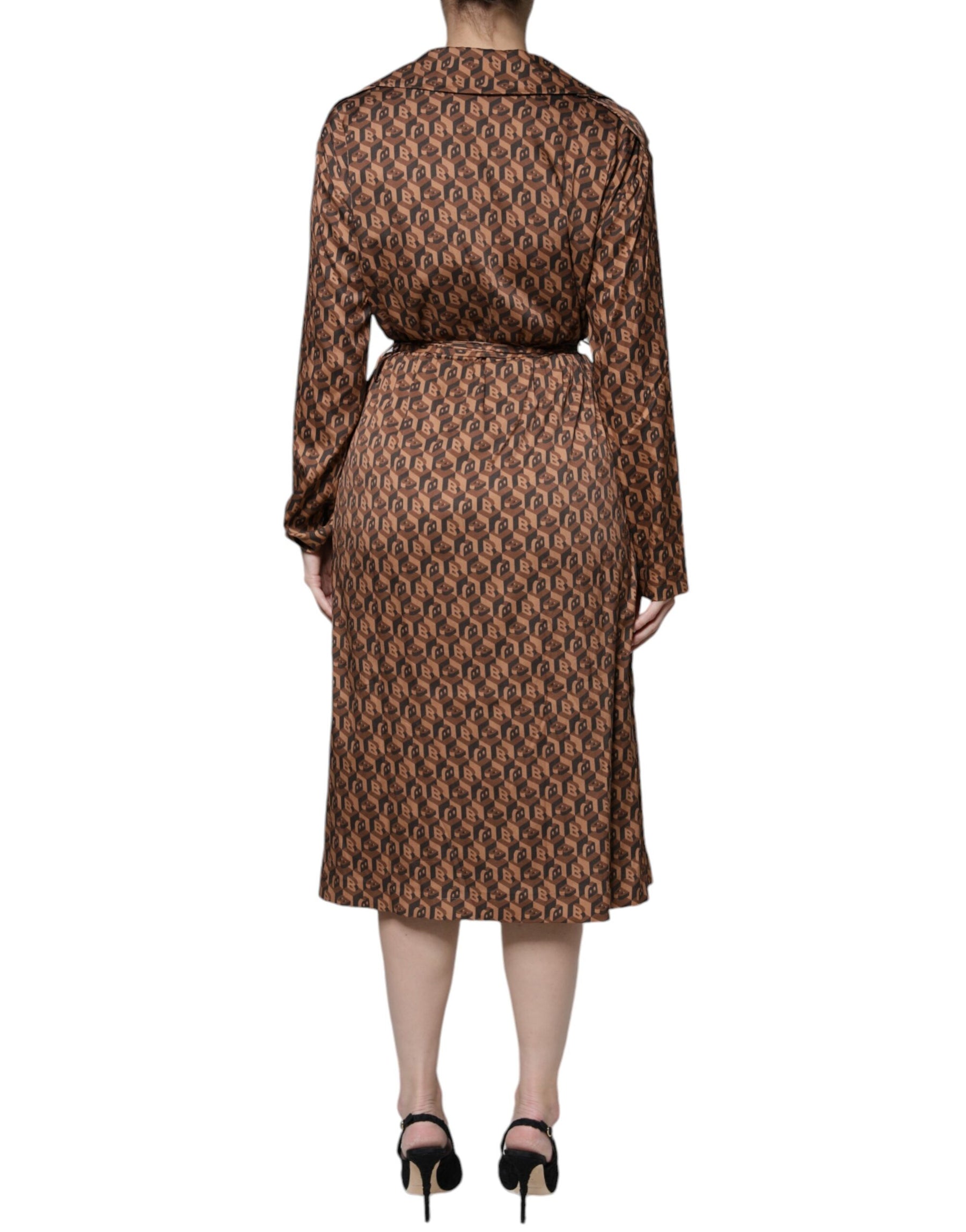 Ballantyne Brown Printed Long Sleeves V-neck Wrap Midi Dress | Regal Royce