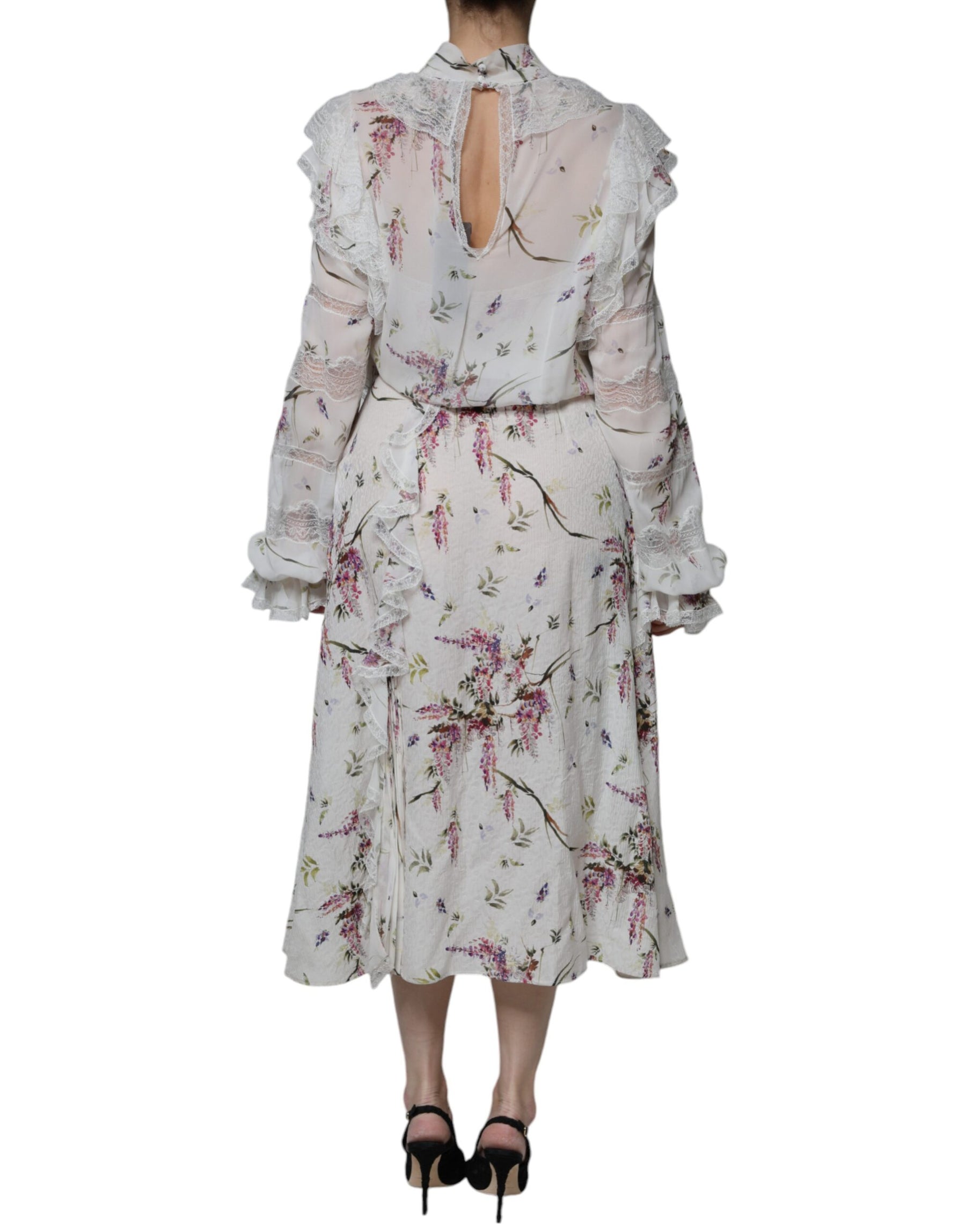 Ermanno Scervino White Floral Ruffles Lace Long Sleeves Maxi Dress | Regal Royce
