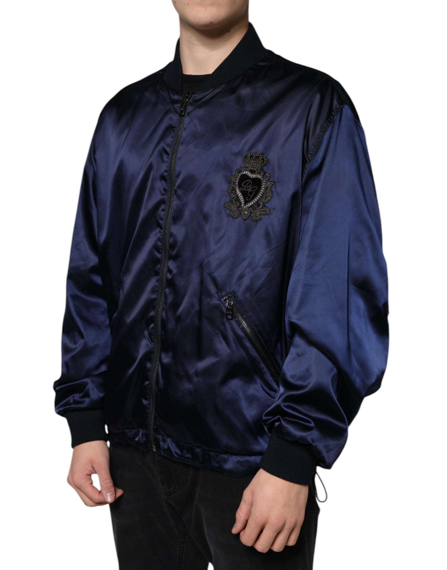 Dolce & Gabbana Blue Crown Heart Full Zip Men Bomber Jacket | Regal Royce