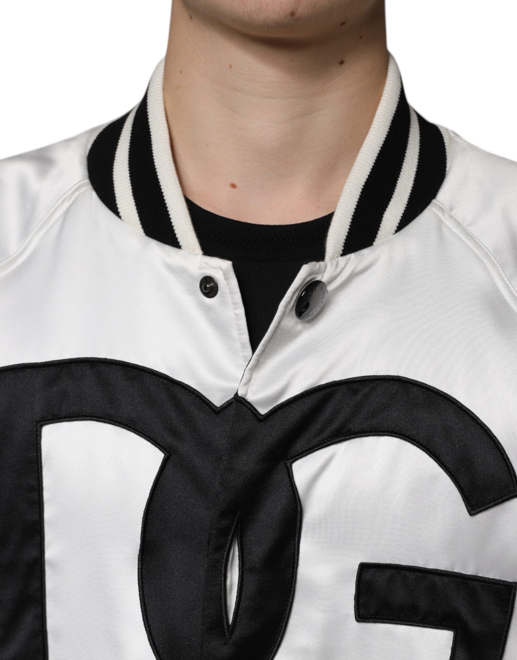 Dolce & Gabbana White Polyester Logo Full Zip Bomber Jacket | Regal Royce