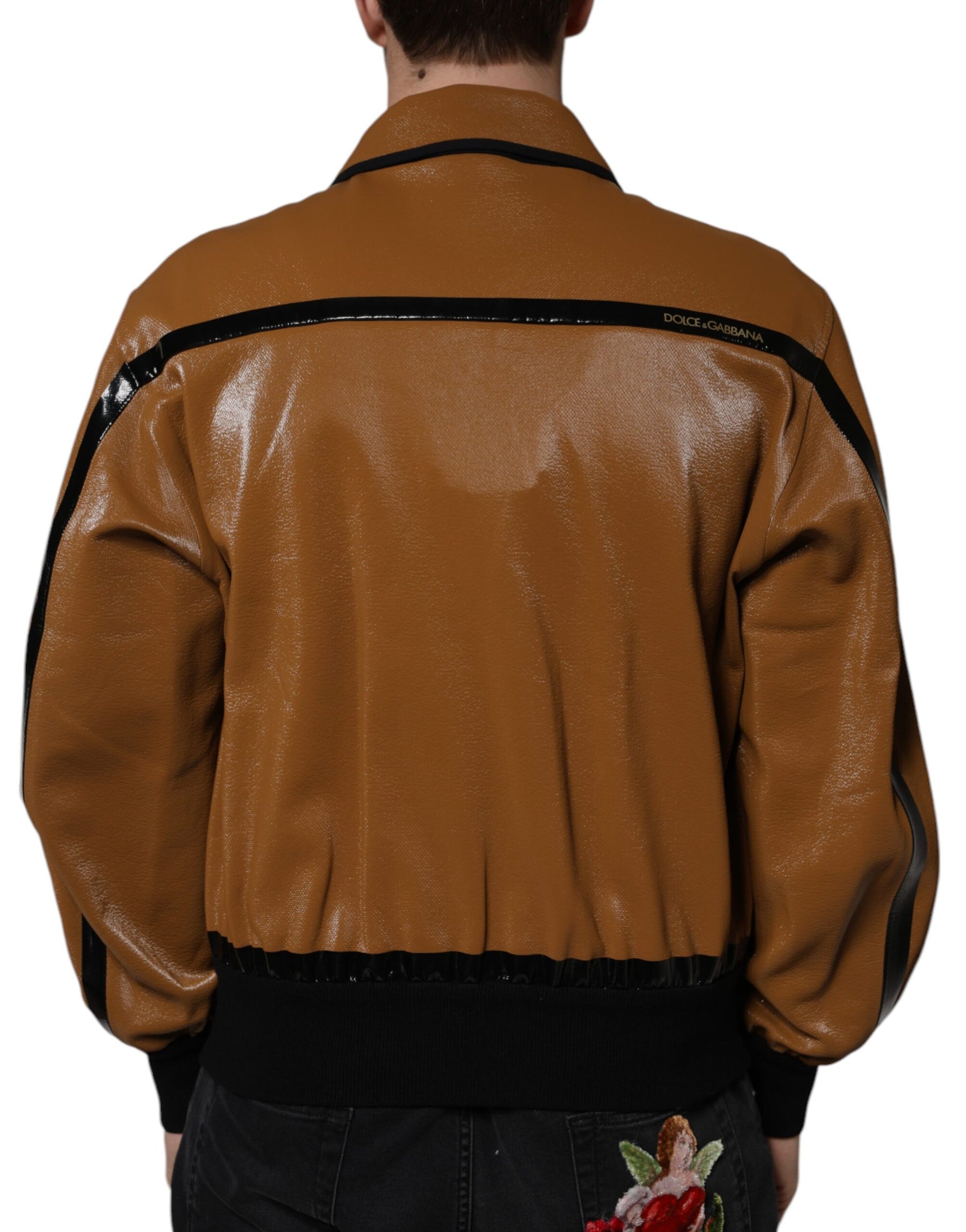 Dolce & Gabbana Brown Leather Full Zip Men Bomber Jacket | Regal Royce