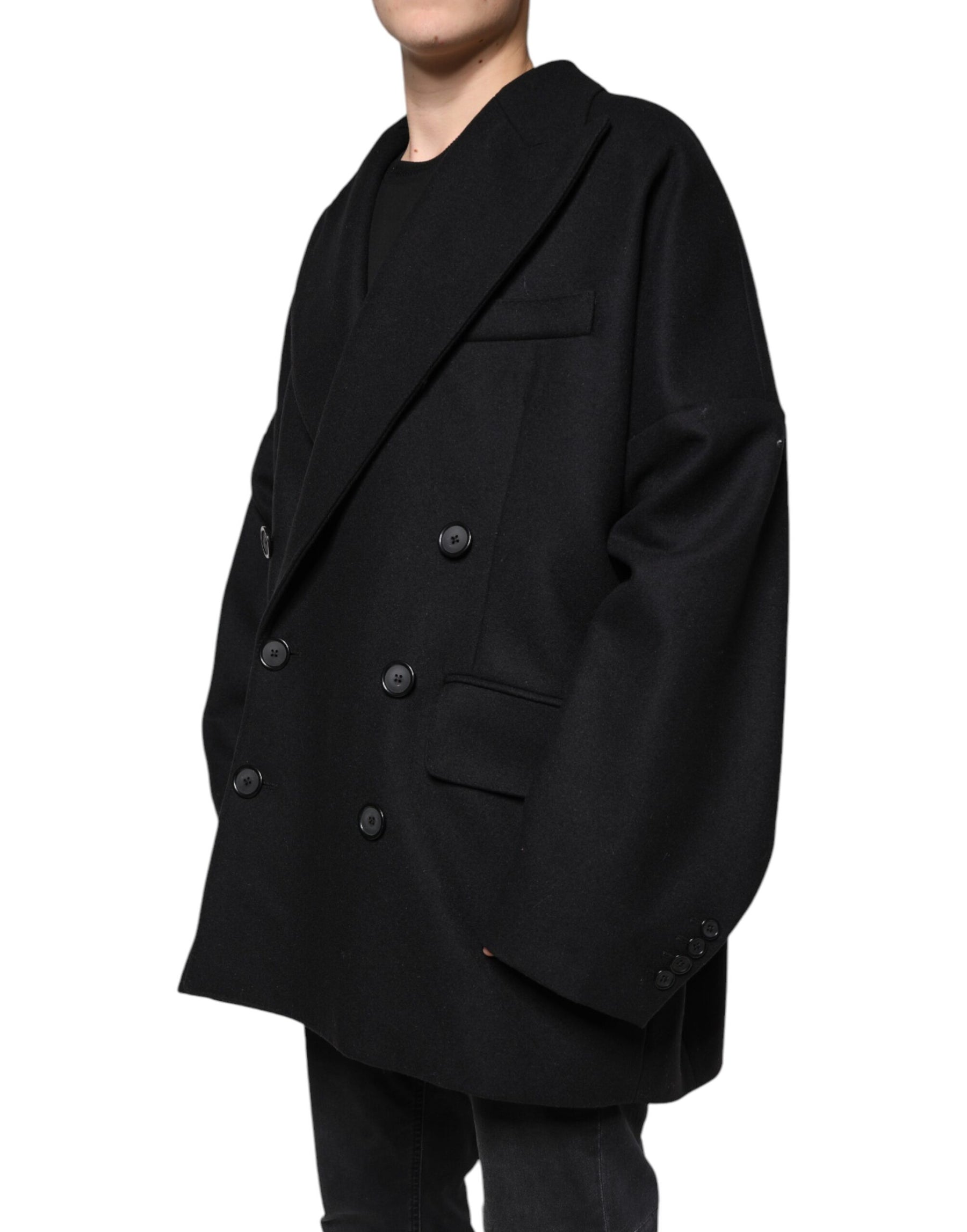 Dolce & Gabbana Black Wool Double Breasted Men Coat Jacket | Regal Royce