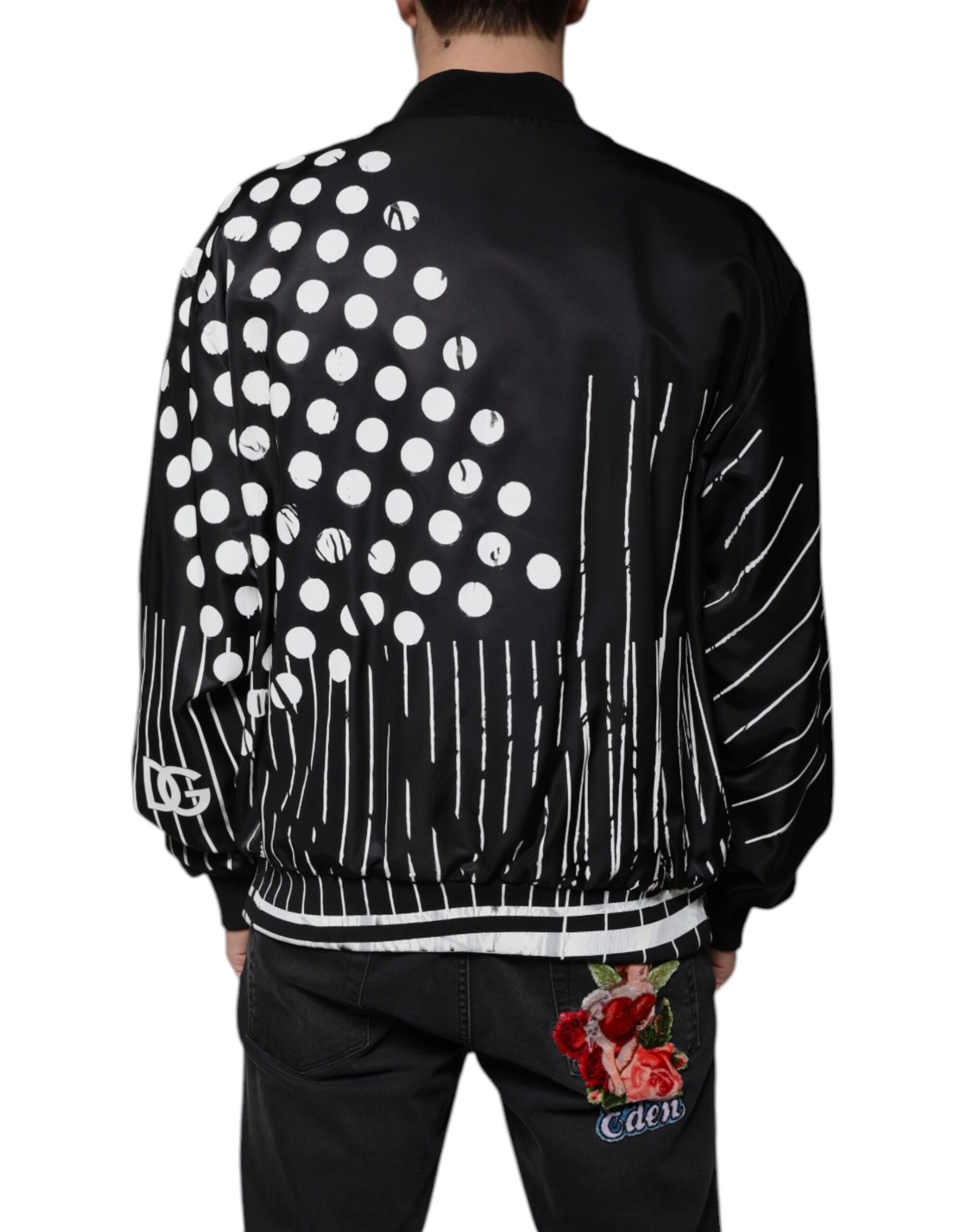 Dolce & Gabbana Black Polka Dot Stripe Nylon Bomber Jacket | Regal Royce