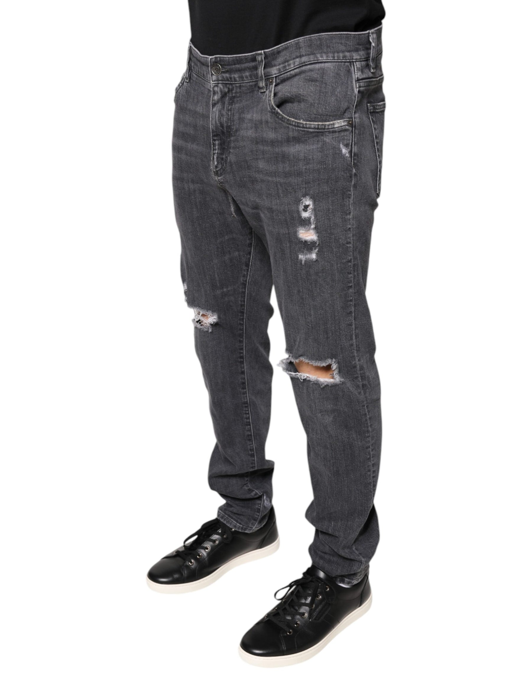 Dolce & Gabbana Dark Gray Tattered Cotton Skinny Denim Jeans | Regal Royce