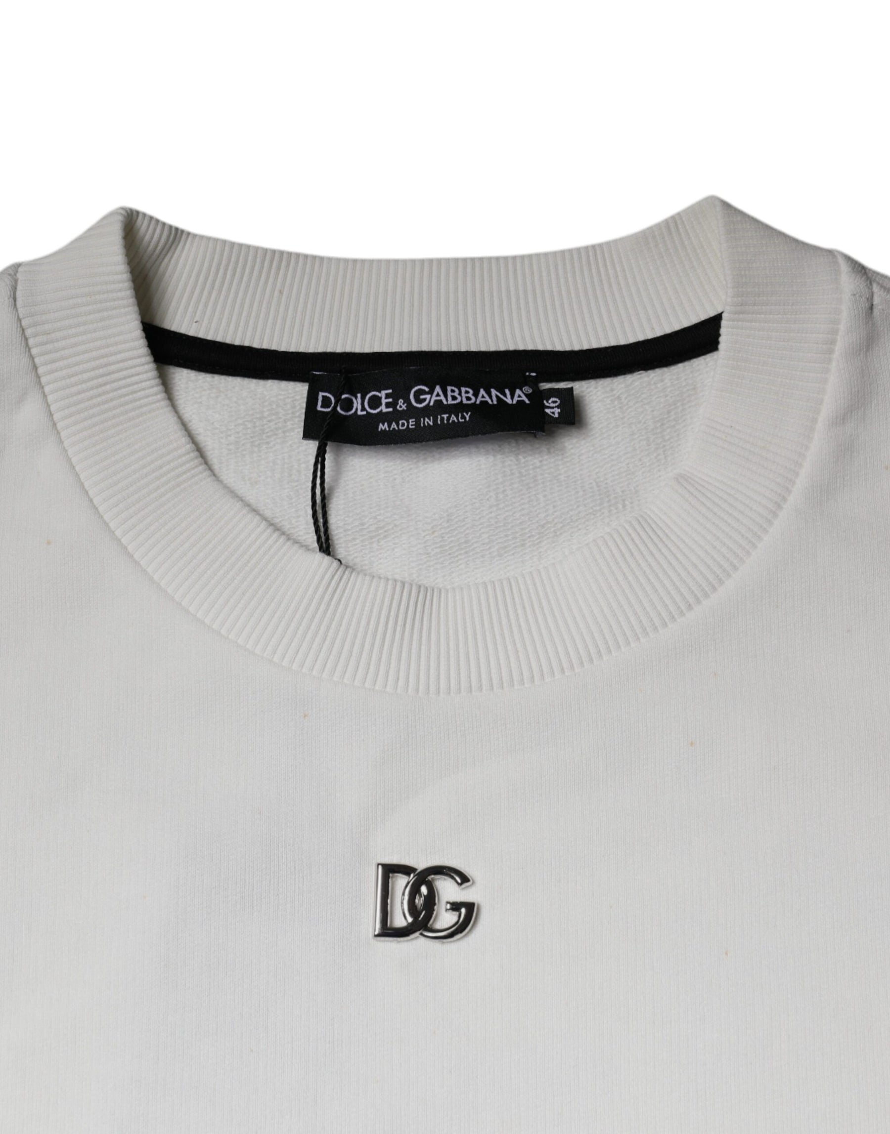 Dolce & Gabbana White Logo Cotton Crew Neck Pullover Sweater | Regal Royce