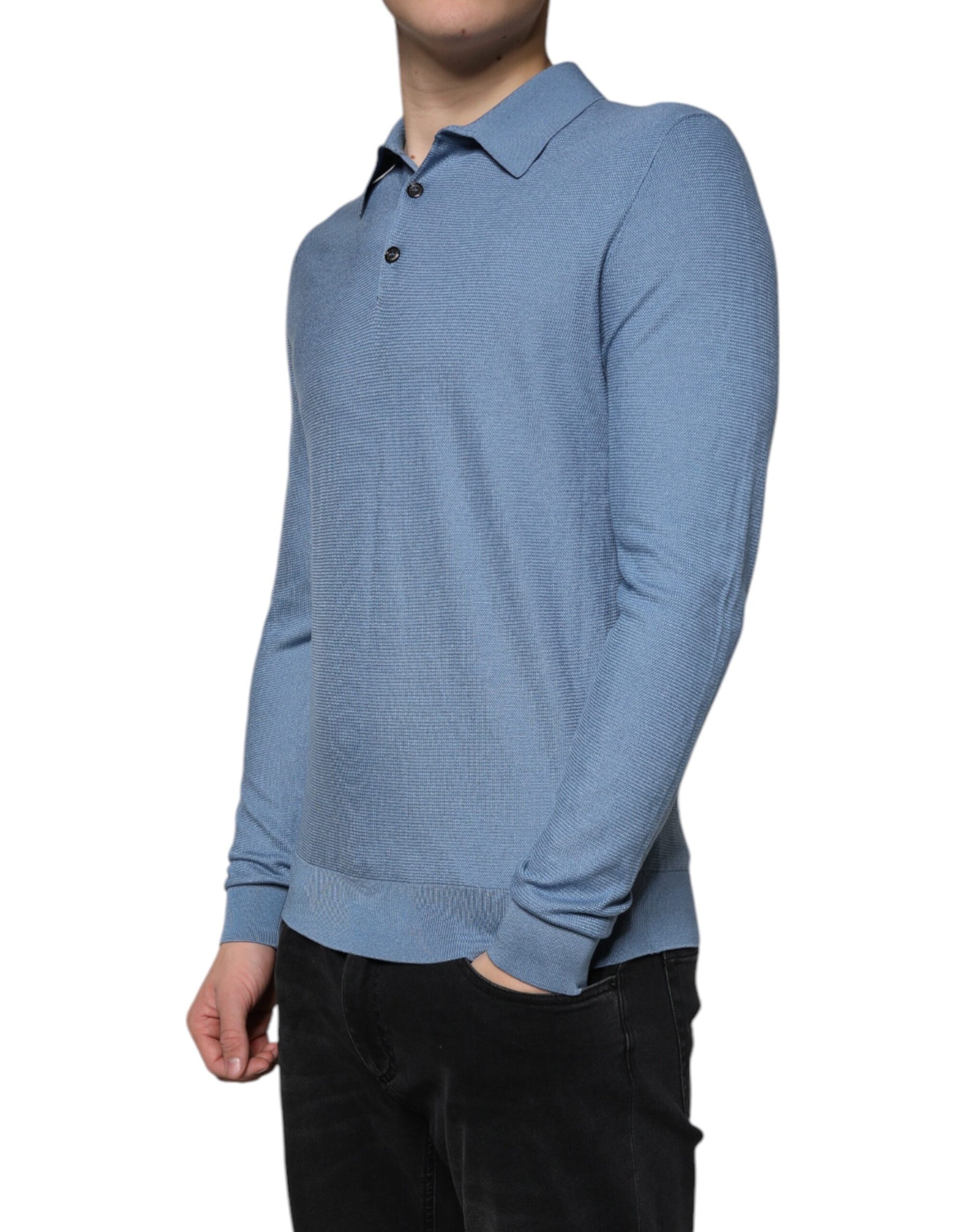 Dolce & Gabbana Sky Blue Silk Collared Men Pullover Sweater | Regal Royce