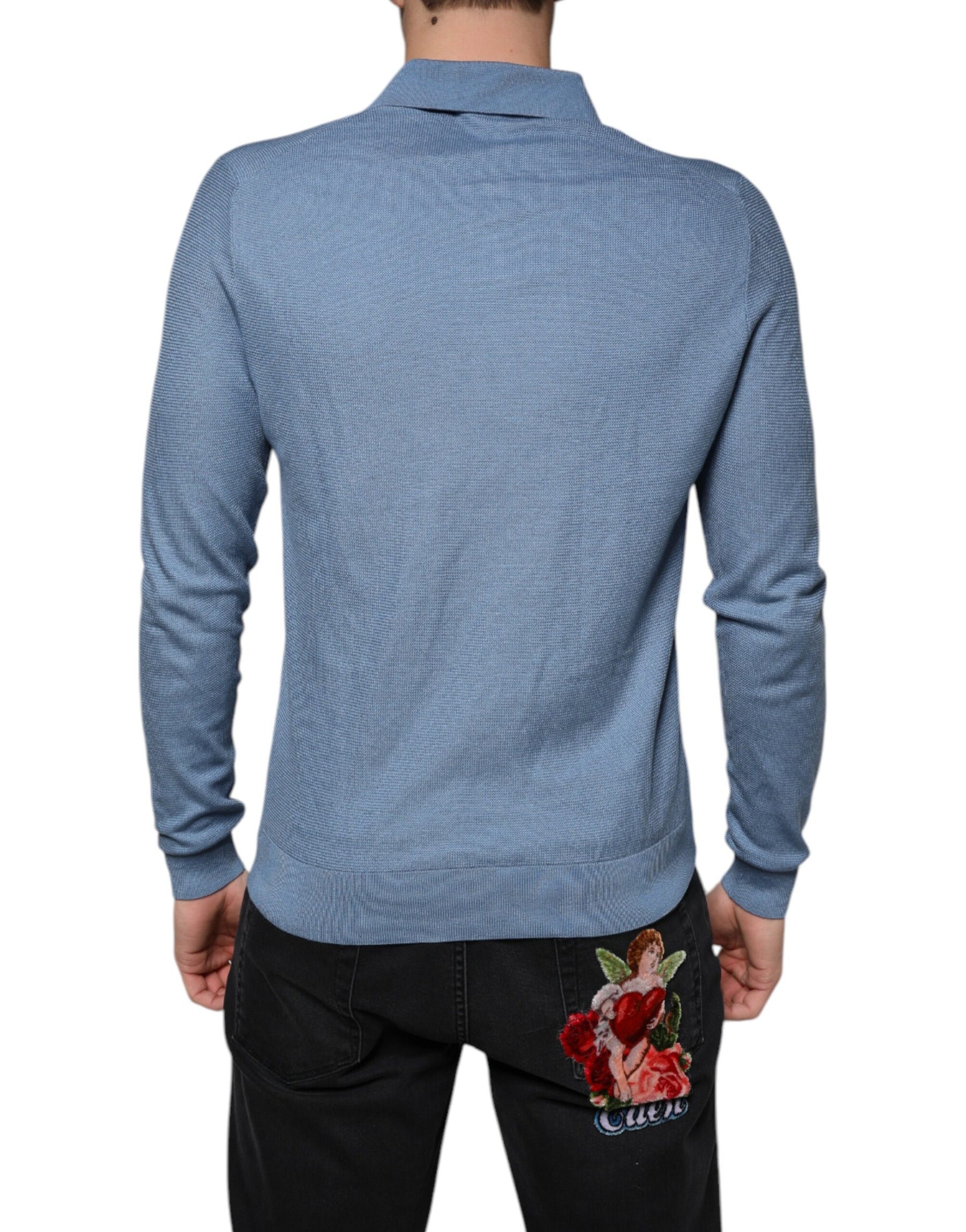 Dolce & Gabbana Sky Blue Silk Collared Men Pullover Sweater | Regal Royce