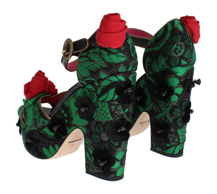Dolce & Gabbana Green Brocade Snakeskin Roses Crystal Shoes | Regal Royce